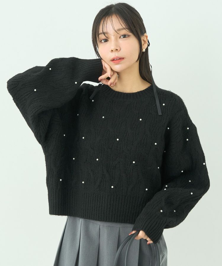 earth music&ecology「パール&ケーブルニットプルオーバー」|ニット・セーター|Black