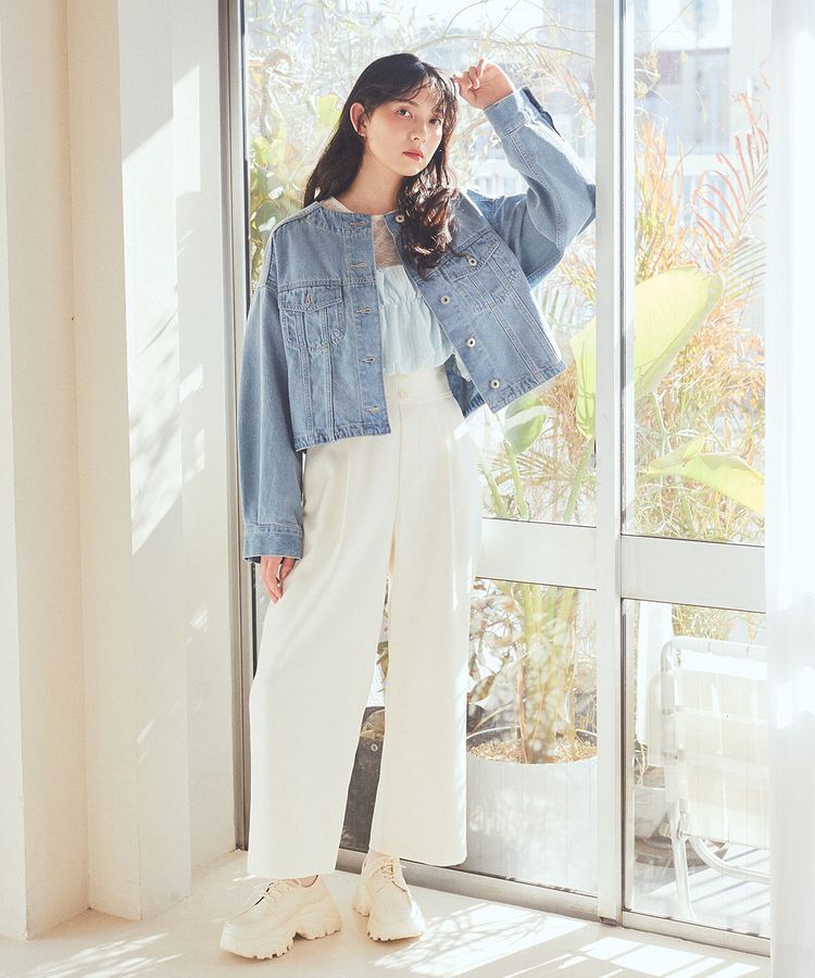 earth music&ecology「ノーカラーデニムジャケット」|テーラードジャケット|