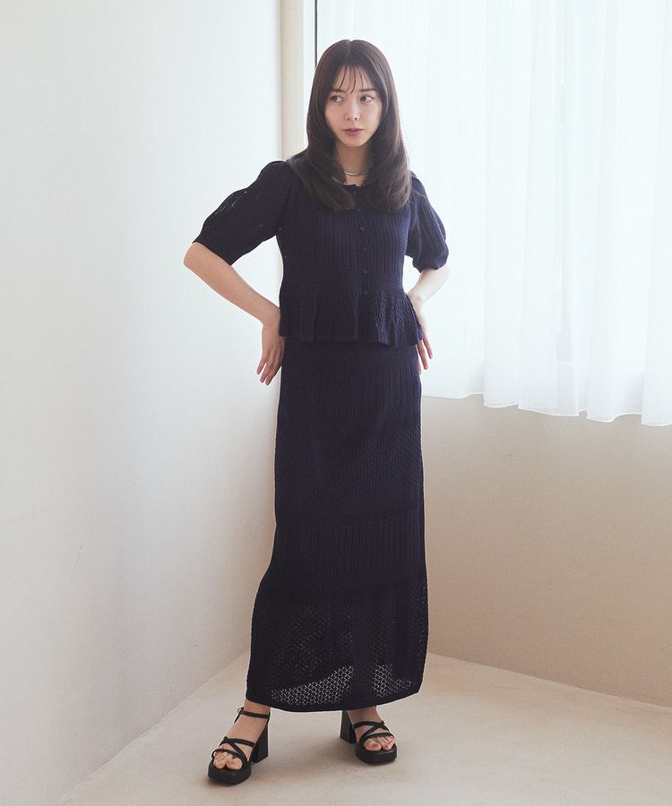 earth music&ecology「SET2点レース編みペプラムカーデ＋スカート」|スーツ|Navy