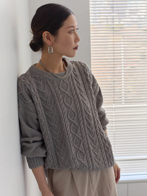 Samansa Mos2 blue「ラメモールケーブルニットプルオーバー」|ニット・セーター|