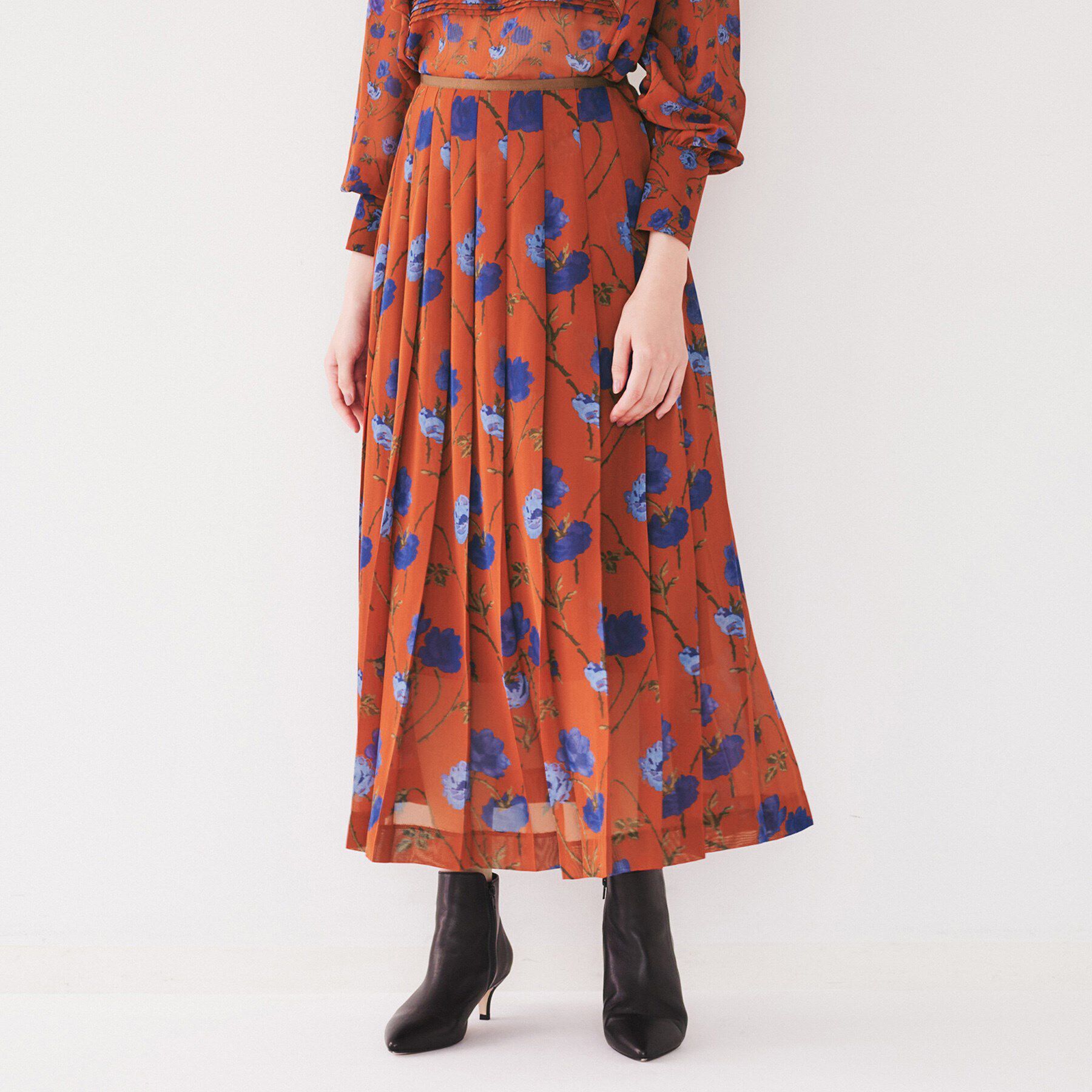 UNTITLED「【セットアップ可能/洗える/柄スカート】フラワーシフォンプリーツスカート」|スカート|オレンジ(669)