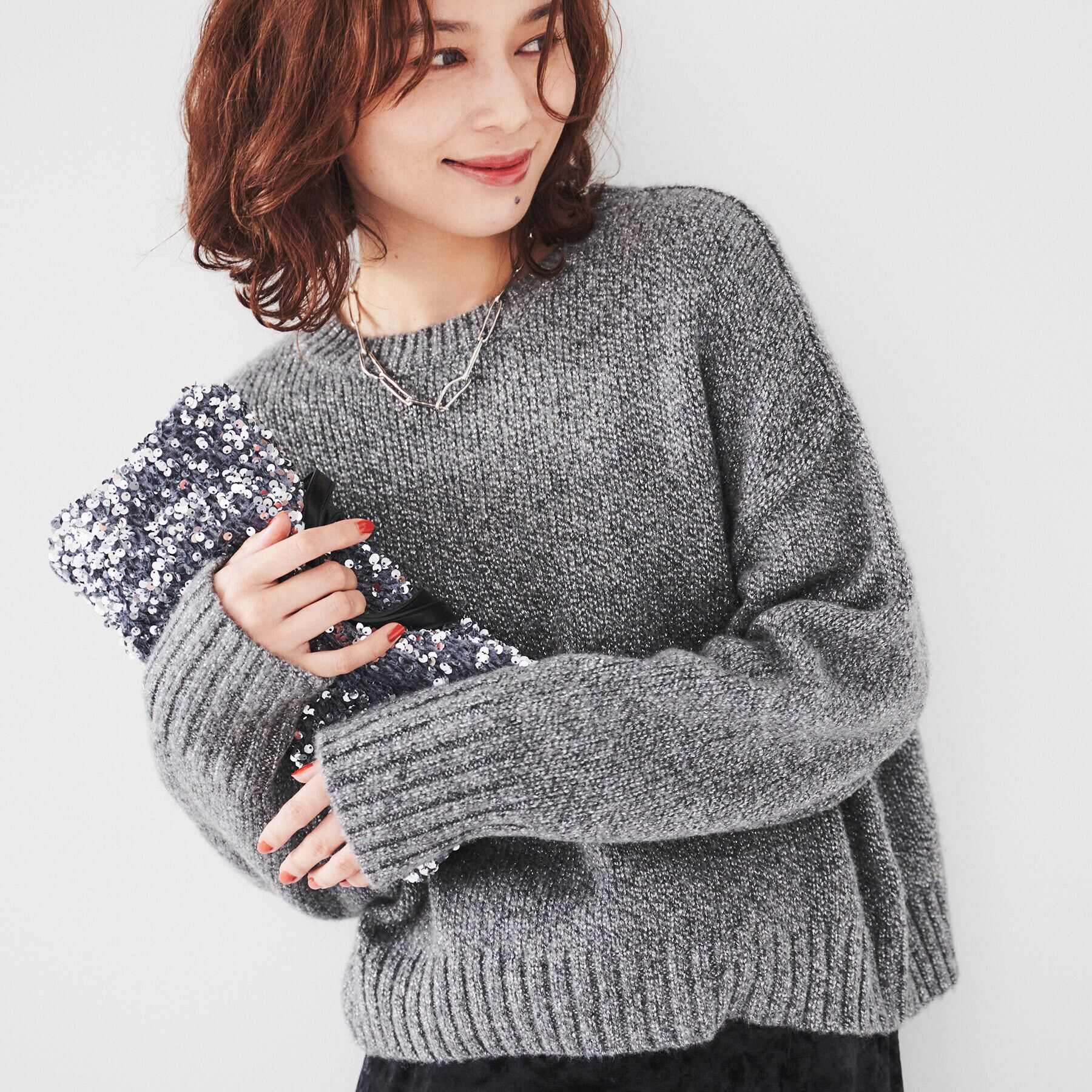 UNTITLED「【ラメ見え/ショート丈】クロップドニット」|ニット・セーター|チャコールグレー(0