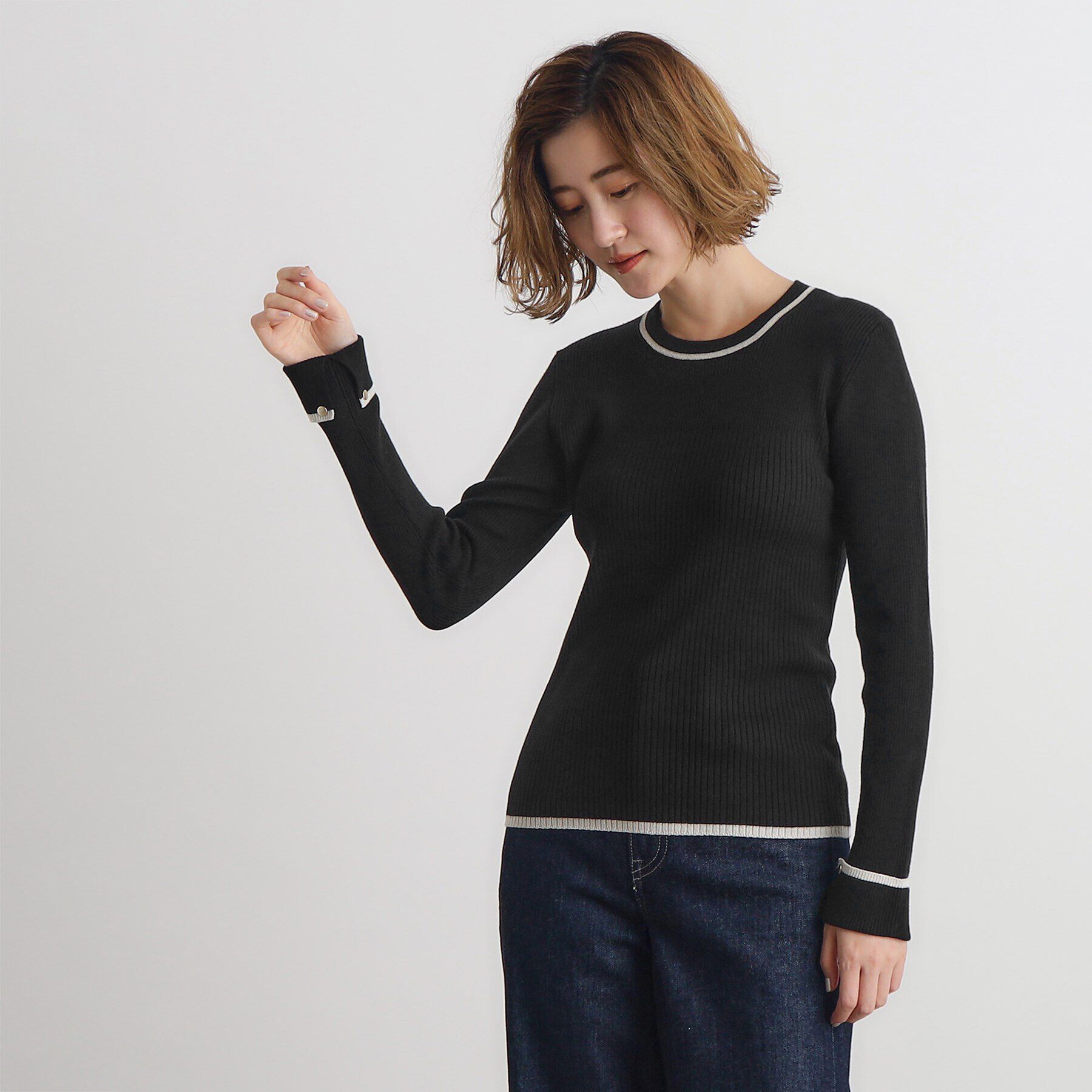 grove「ラメライン折り返しカフス袖ニットプルオーバー」|ニット・セーター|