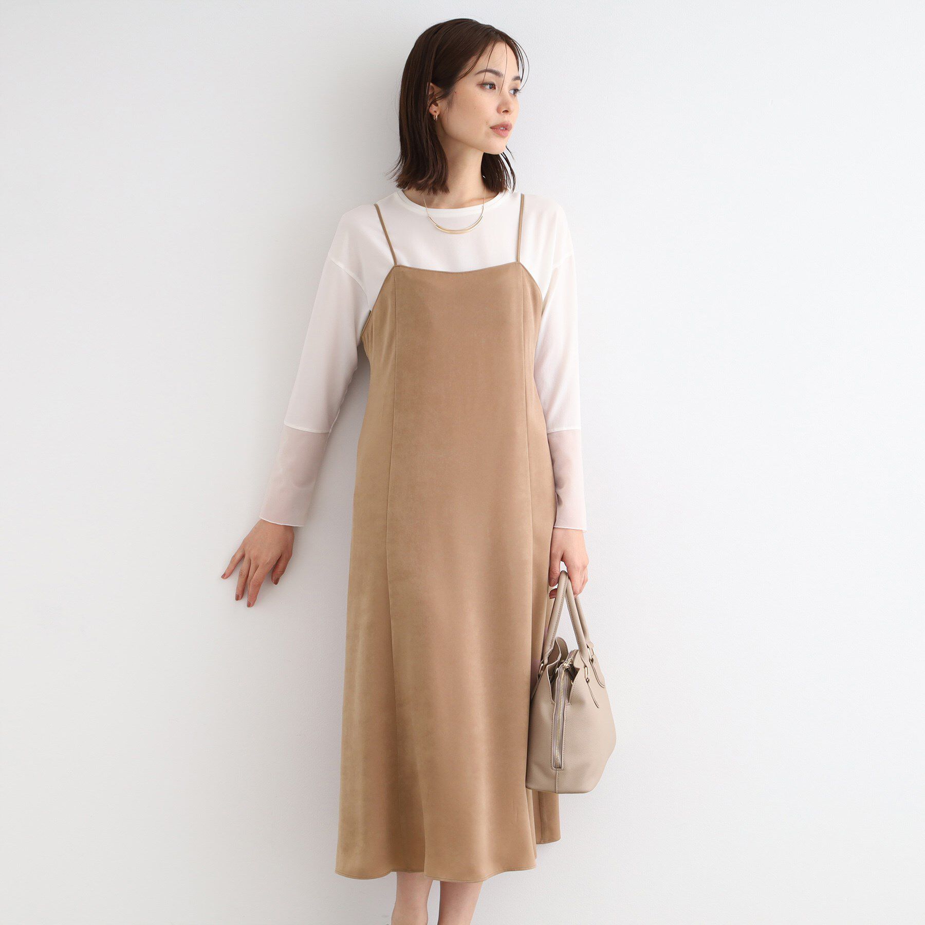INDIVI「【洗える／UVケア】スエード調サテンキャミワンピース」|ワンピース|キャメルブラウン(6