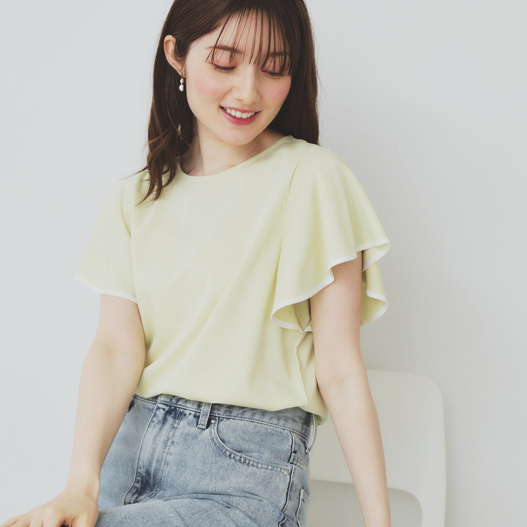 index「バイカラーフレアスリーブトップス【洗濯機洗い可】」|Tシャツ・カットソー|ライトイエロー(53