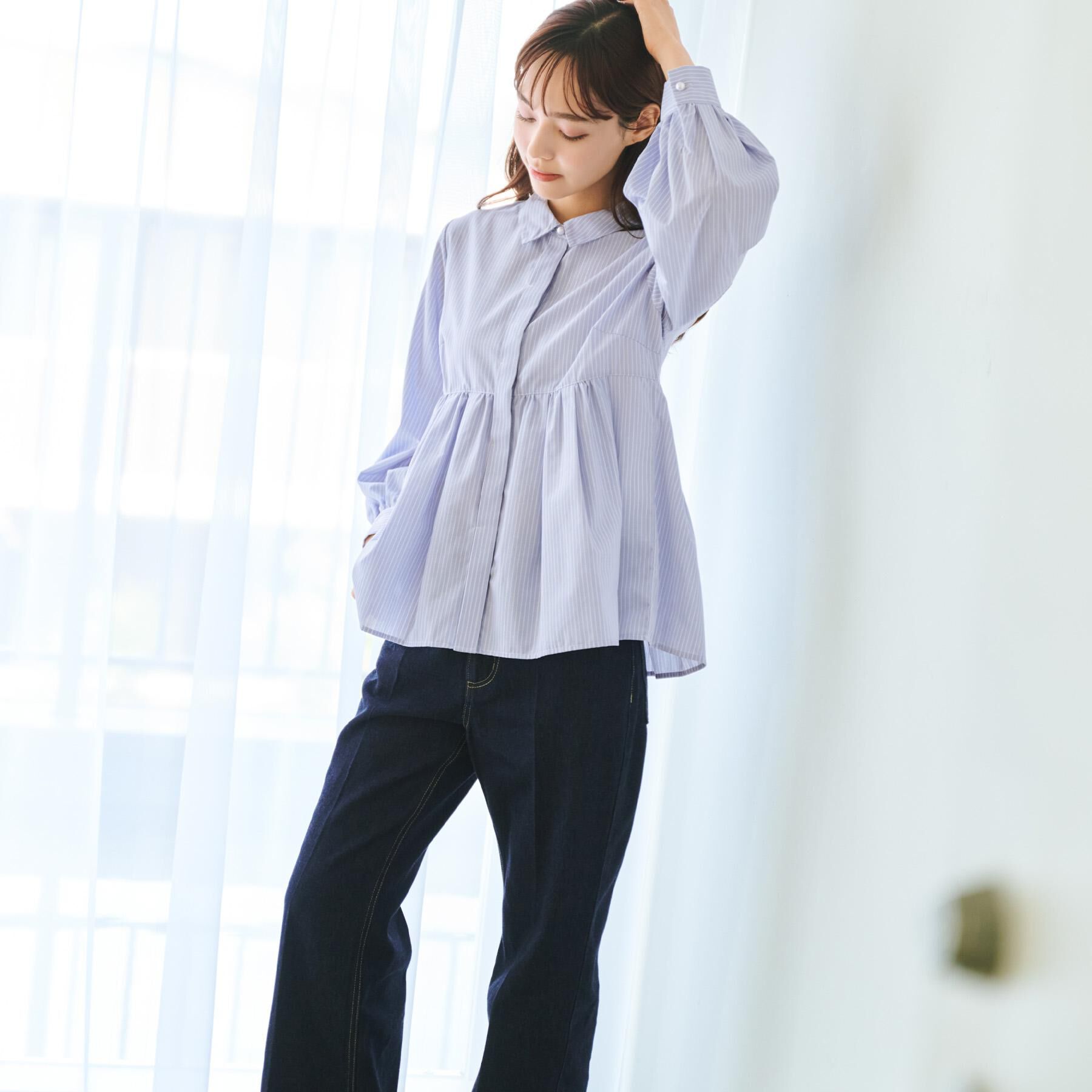 index「ラメストライプ衿付きペプラムブラウス【洗濯機OK/イージーアイロン/防シワ】《6col》」|シャツ・ブラウス|