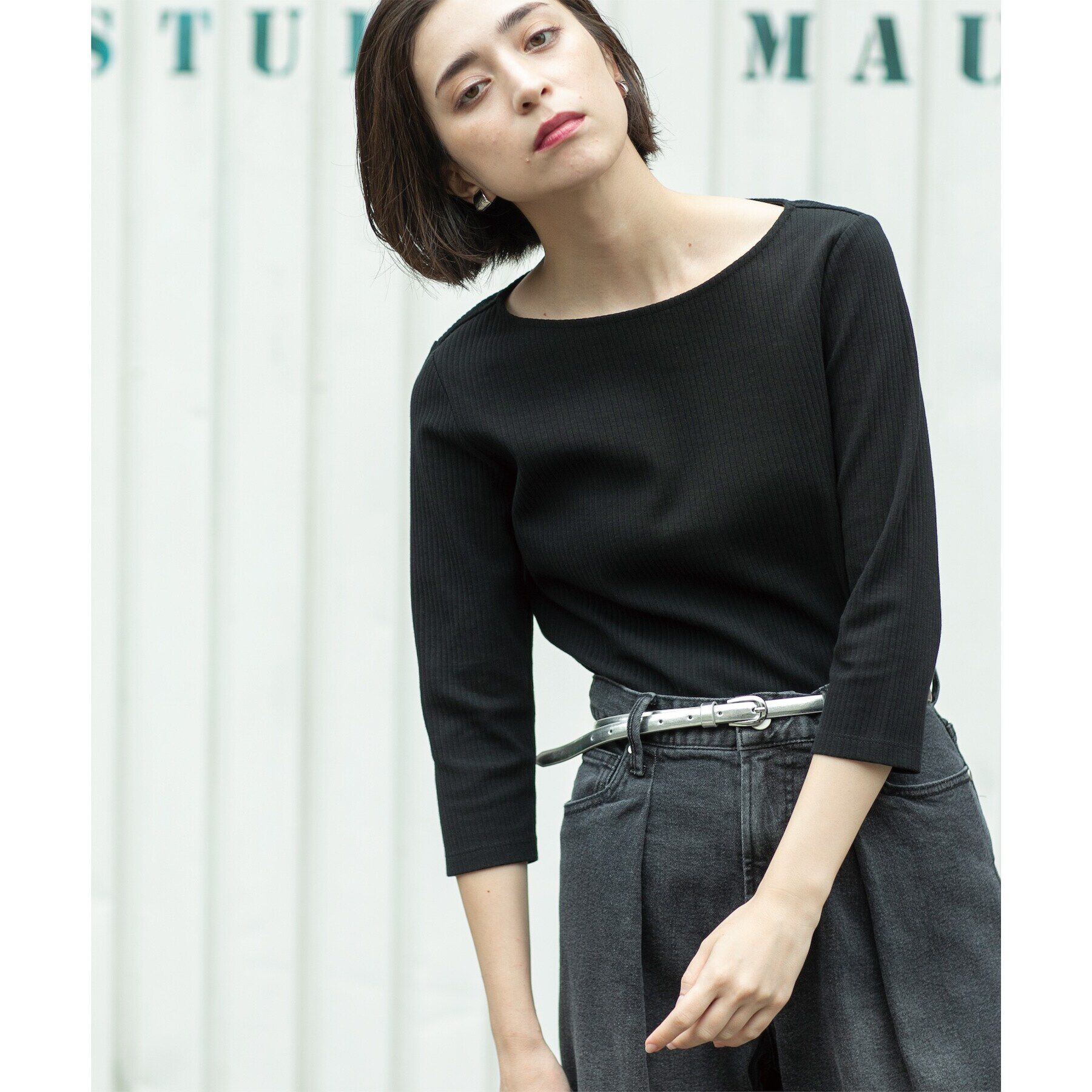 OPAQUE.CLIP「ボートネック7分袖カットソー【洗濯機洗い可】」|Tシャツ・カットソー|ブラック(019)