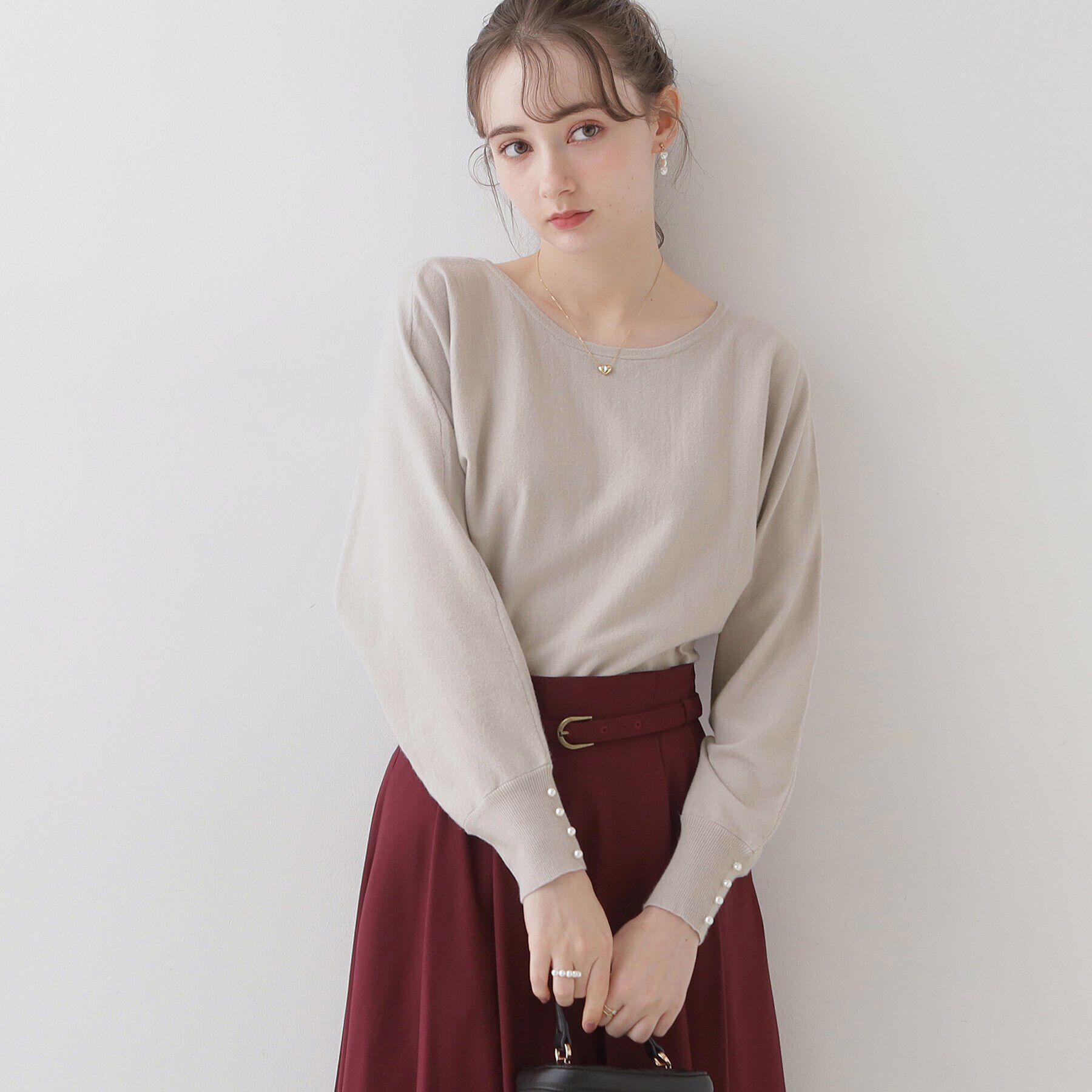 Couture broach「【美シルエットニット】リボン2WAYフェイクパール袖ドルマンニット」|ニット・セーター|