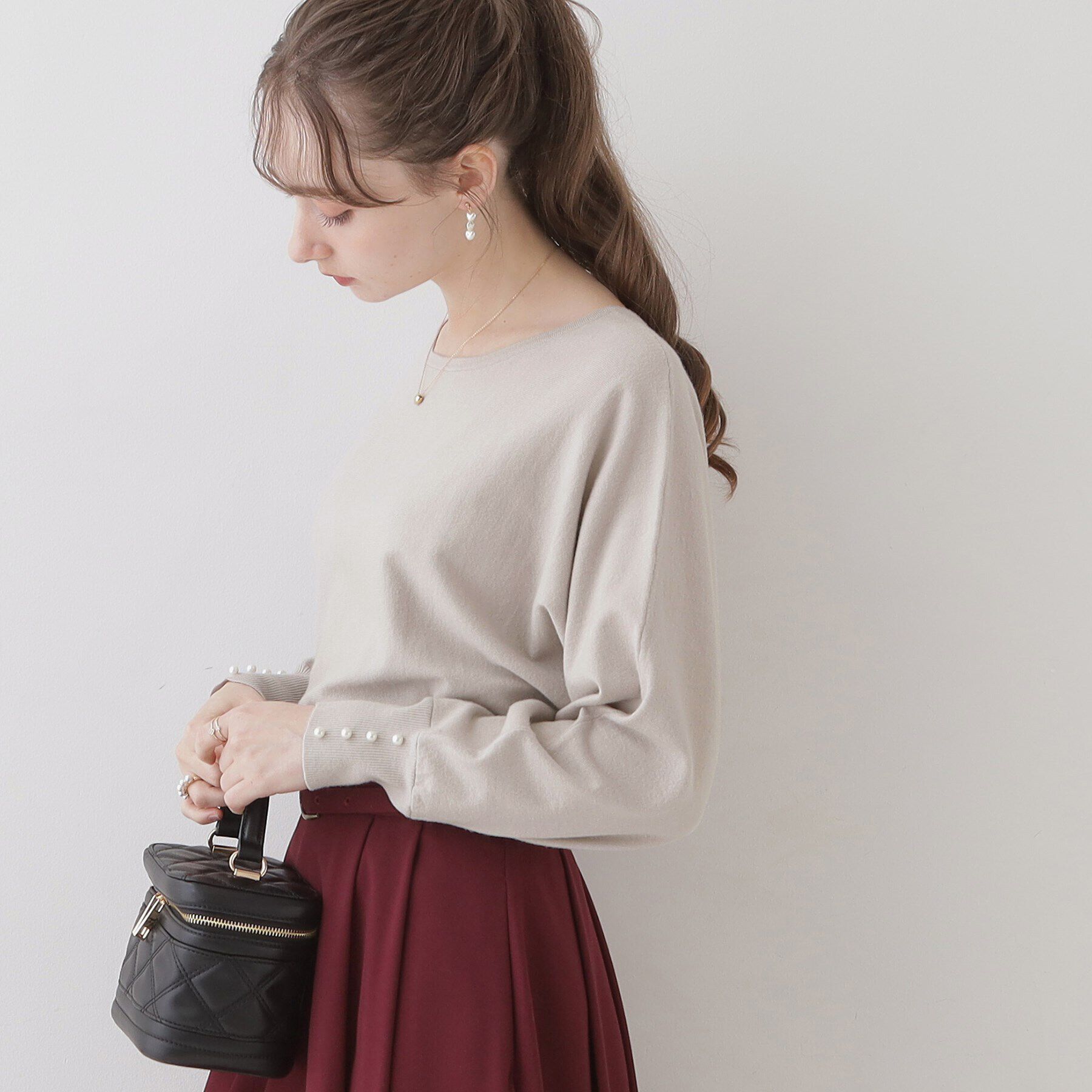 Couture broach「【美シルエットニット】リボン2WAYフェイクパール袖ドルマンニット」|ニット・セーター|