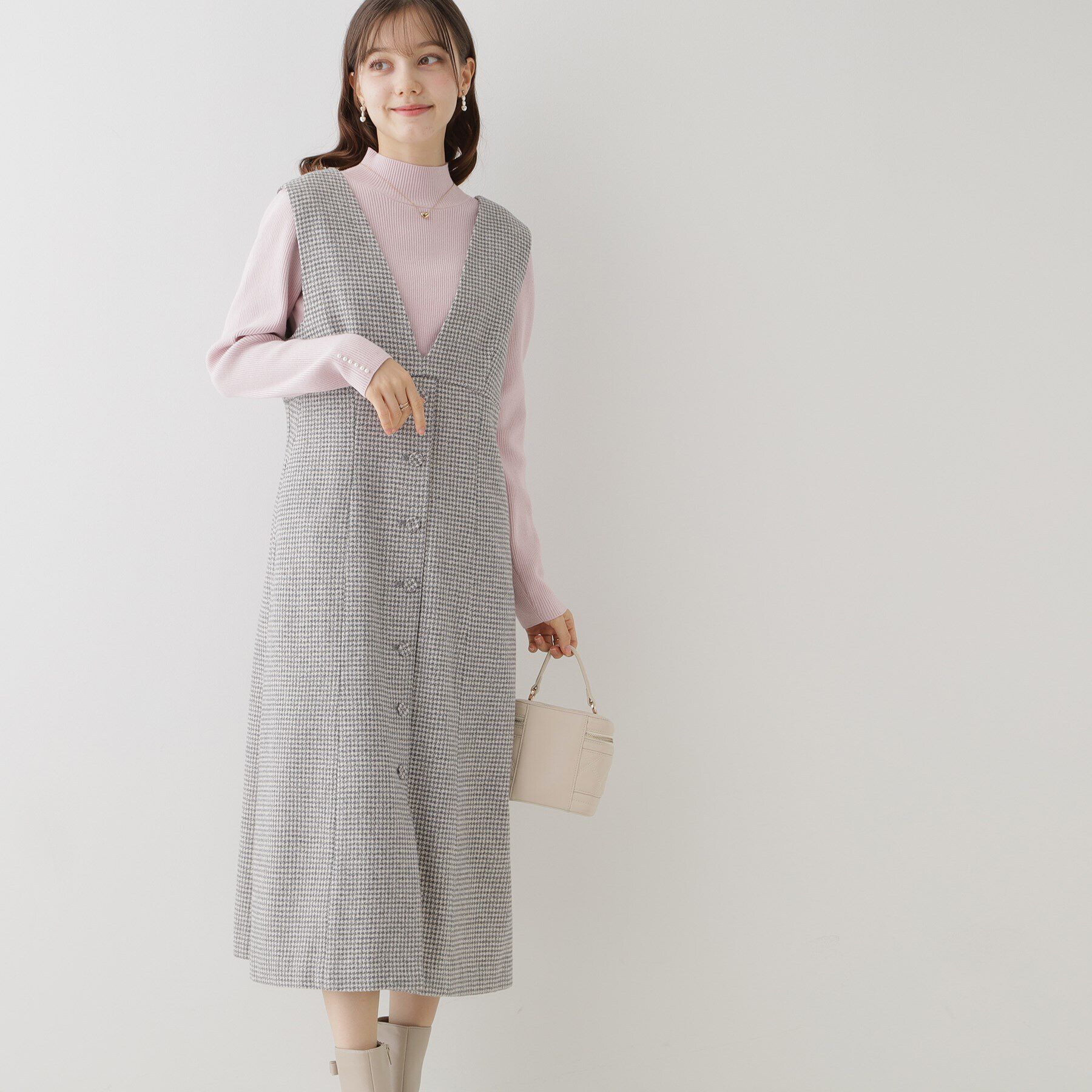 Couture broach「【上品・こなれ感・千鳥ツイード柄】ラメ千鳥釦デザインジャンスカ」|ワンピース|