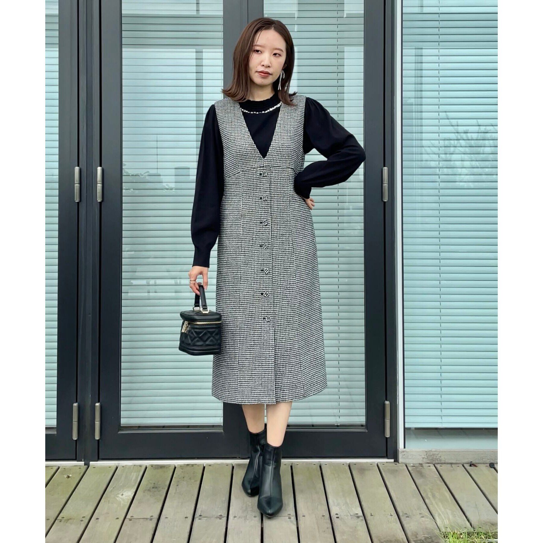 Couture broach「【上品・こなれ感・千鳥ツイード柄】ラメ千鳥釦デザインジャンスカ」|ワンピース|