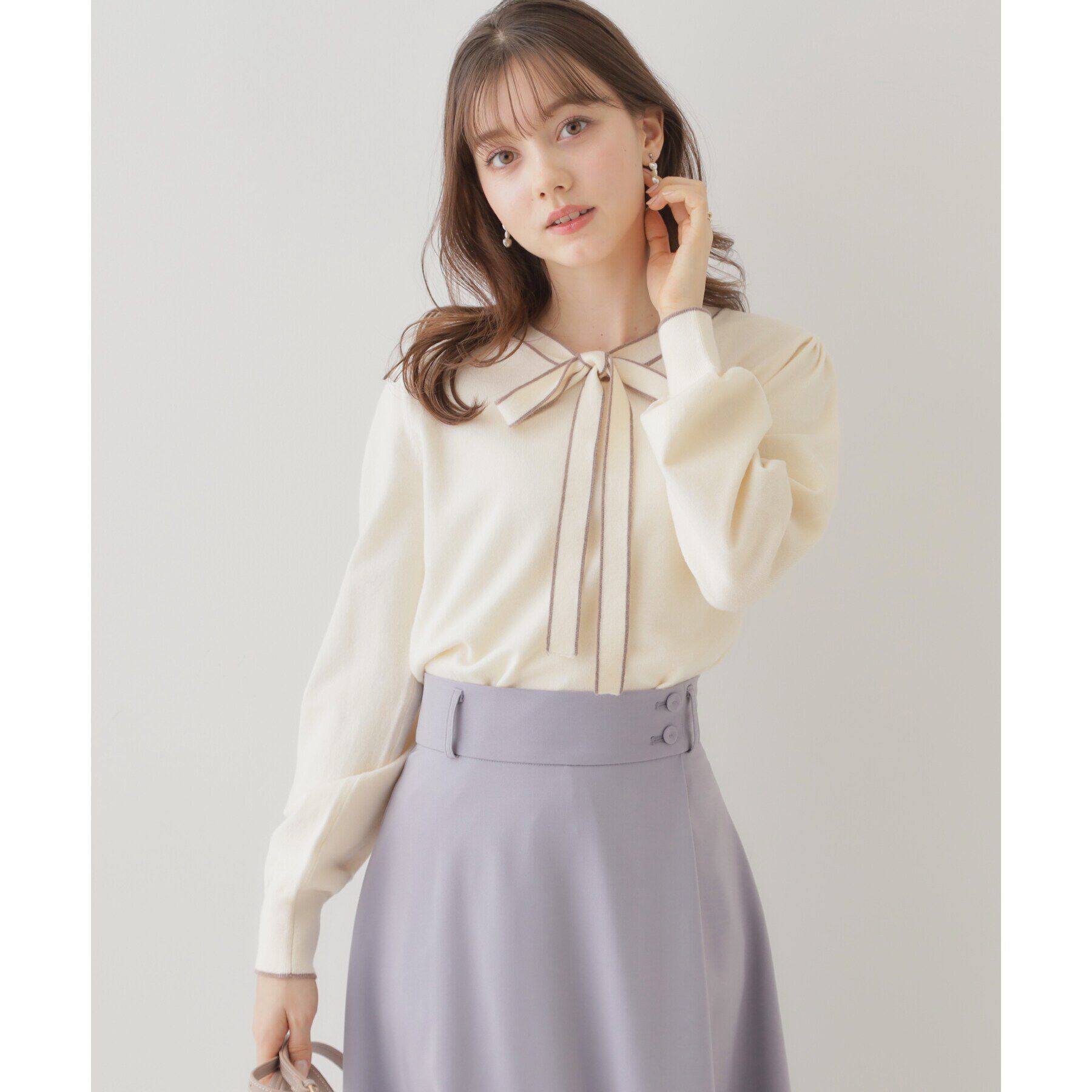 Couture broach「【レディライクな華奢見せニット】配色ラインリボンタイニット」|ニット・セーター|