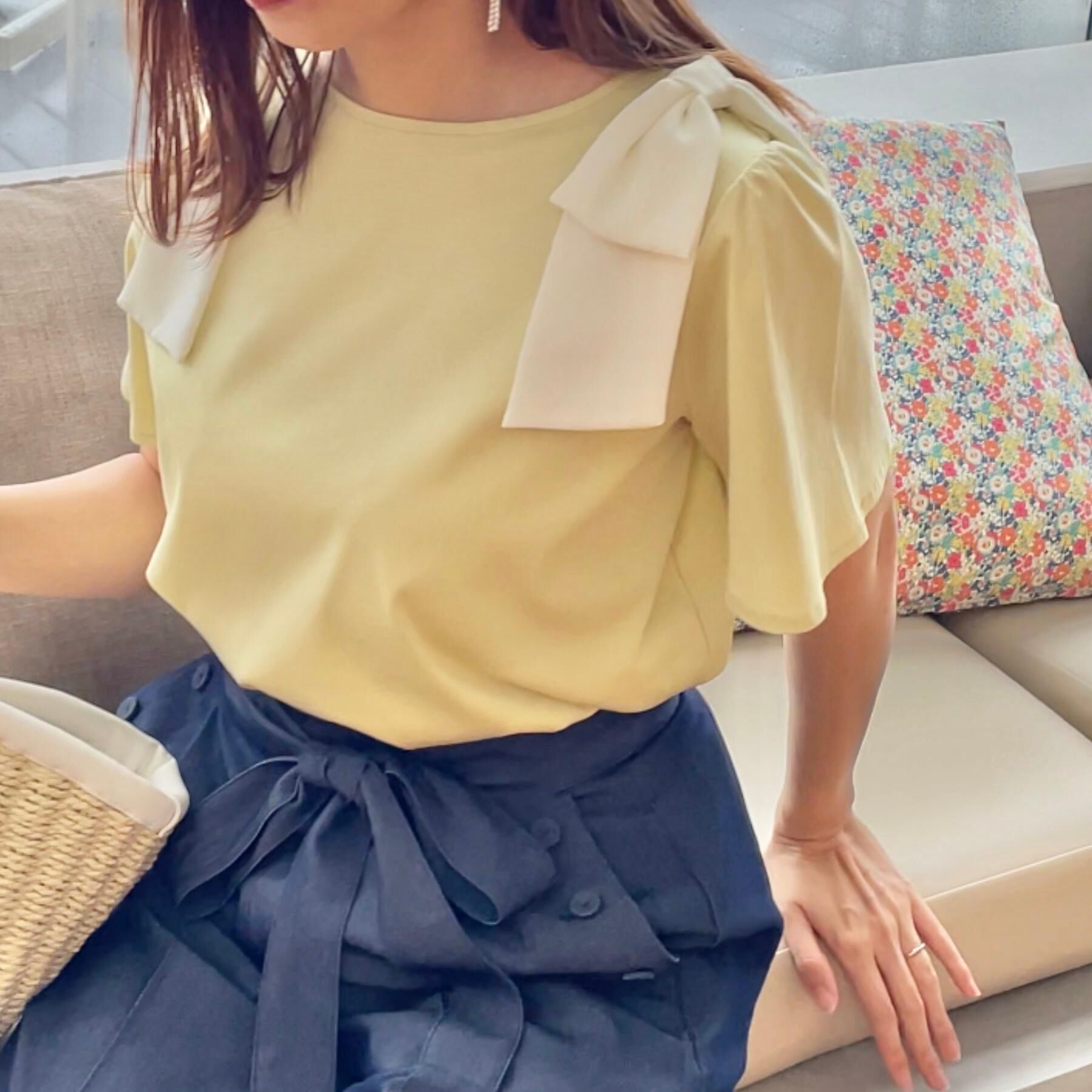 Couture broach「【リボン・マシンウォッシャブル・UV機能・接触冷感】肩リボントップス」|Tシャツ・カットソー|