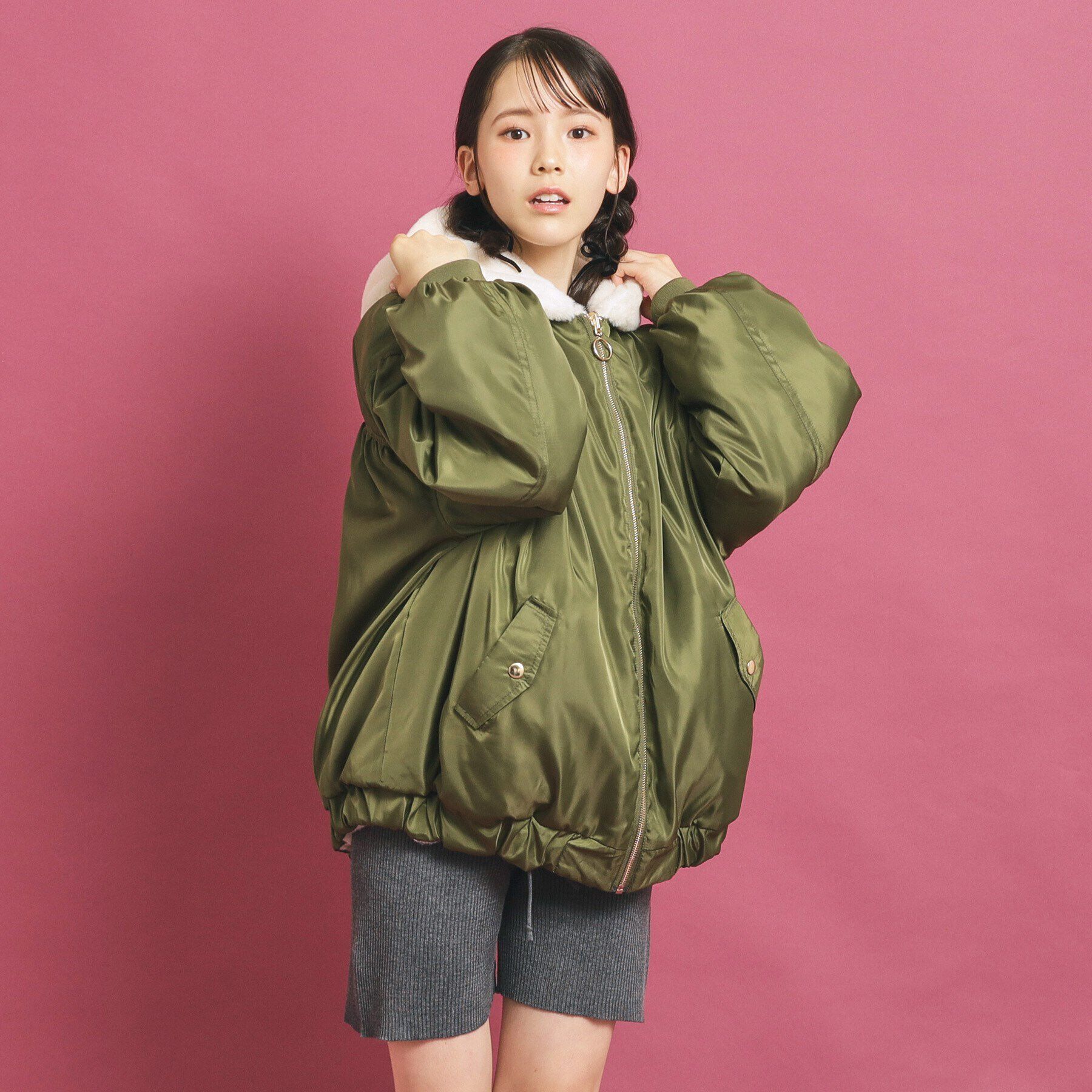 PINK-latte「【フーディ付き】モコモコ リバーシブルエコファー」|ブルゾン・スタジャン|