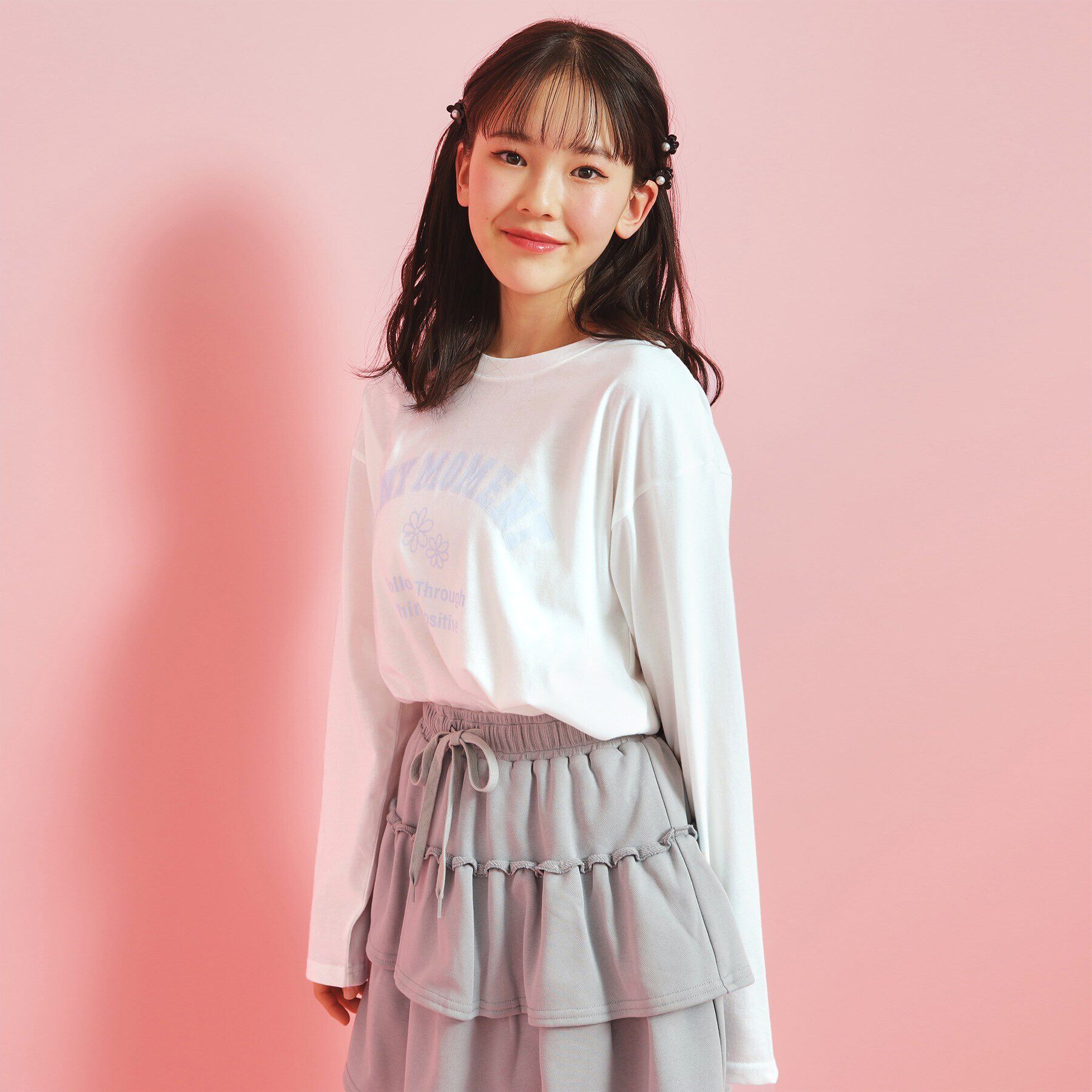 PINK-latte「カレッジフラワーロンT」|Tシャツ・カットソー|アイボリー(004)