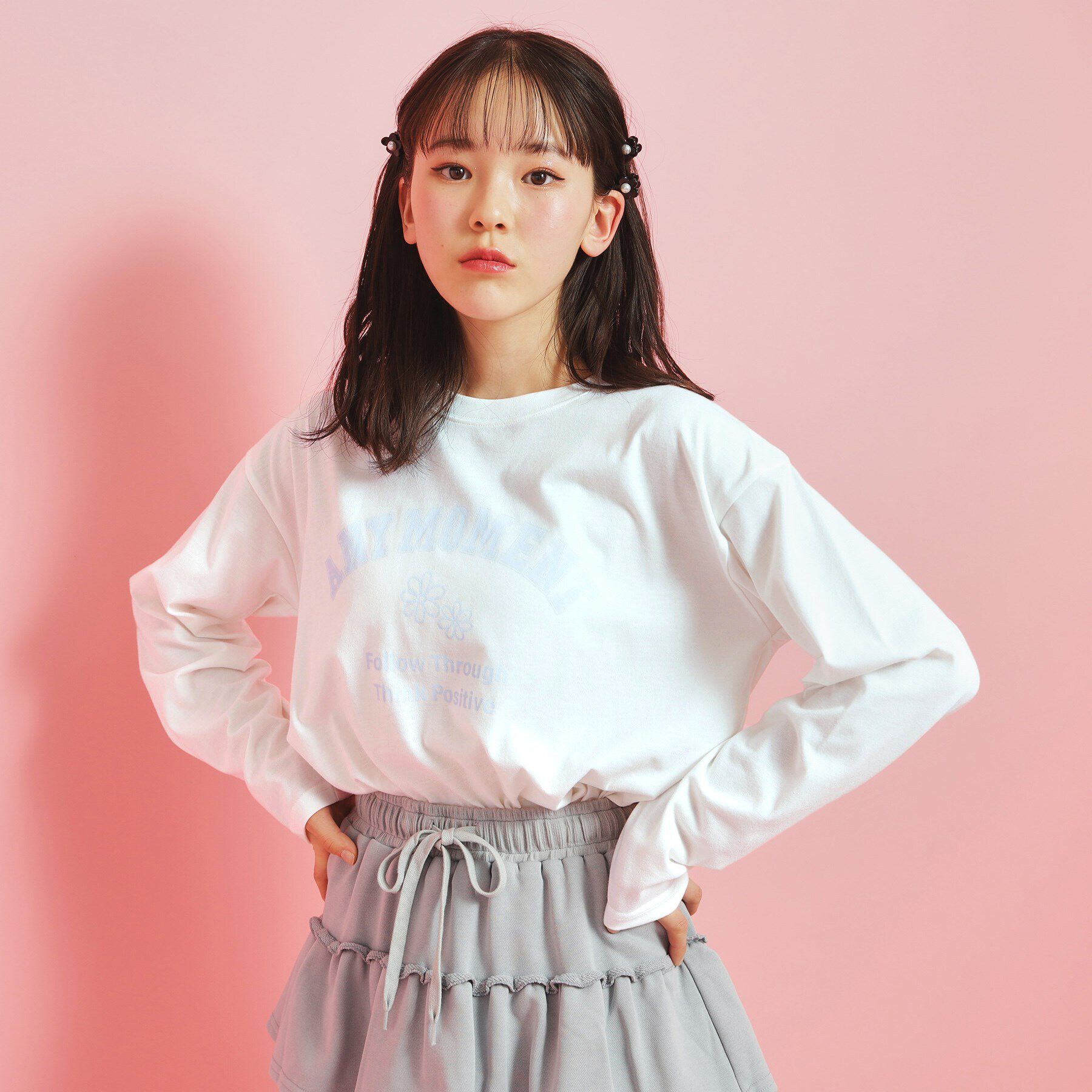 PINK-latte「カレッジフラワーロンT」|Tシャツ・カットソー|