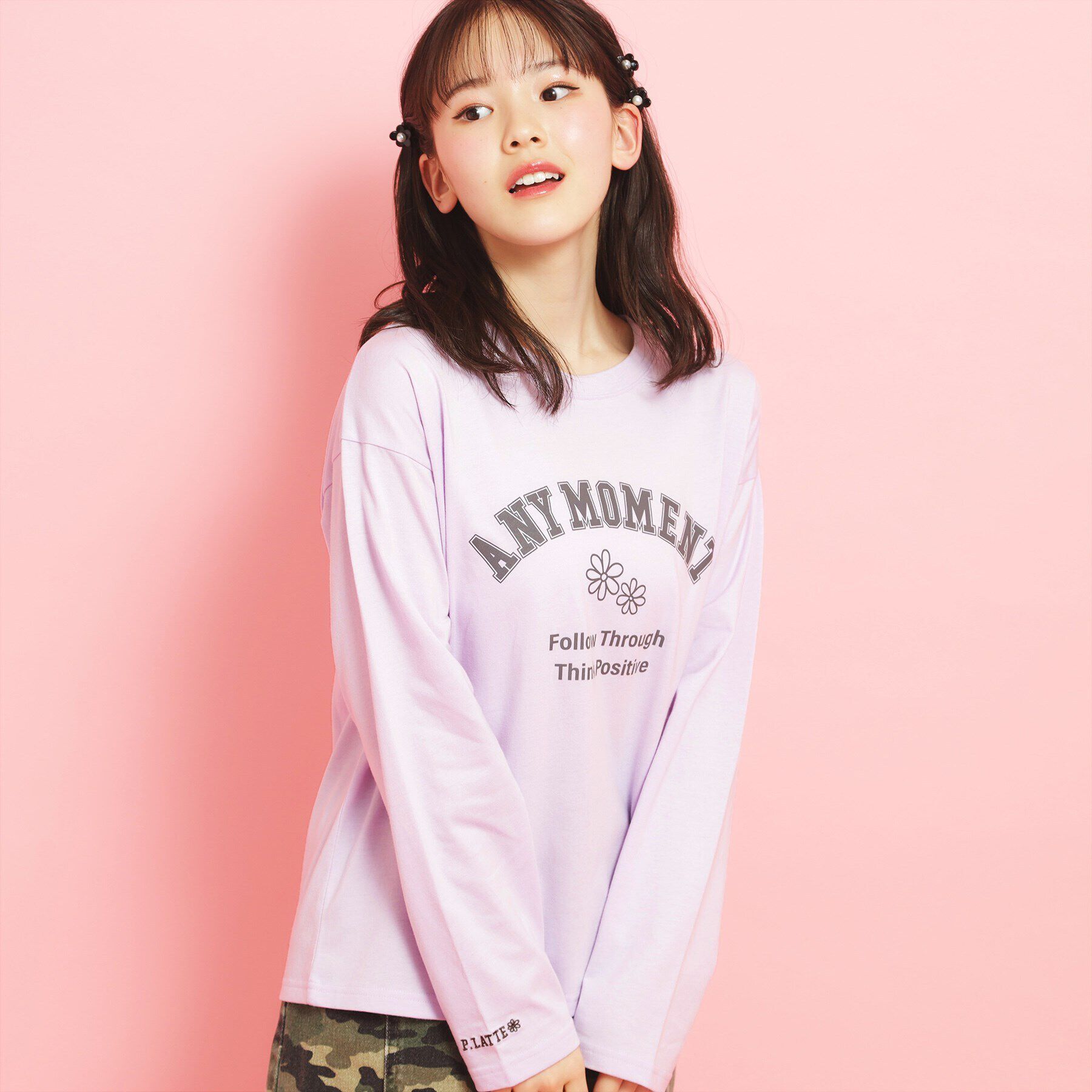 PINK-latte「カレッジフラワーロンT」|Tシャツ・カットソー|パープル(081)