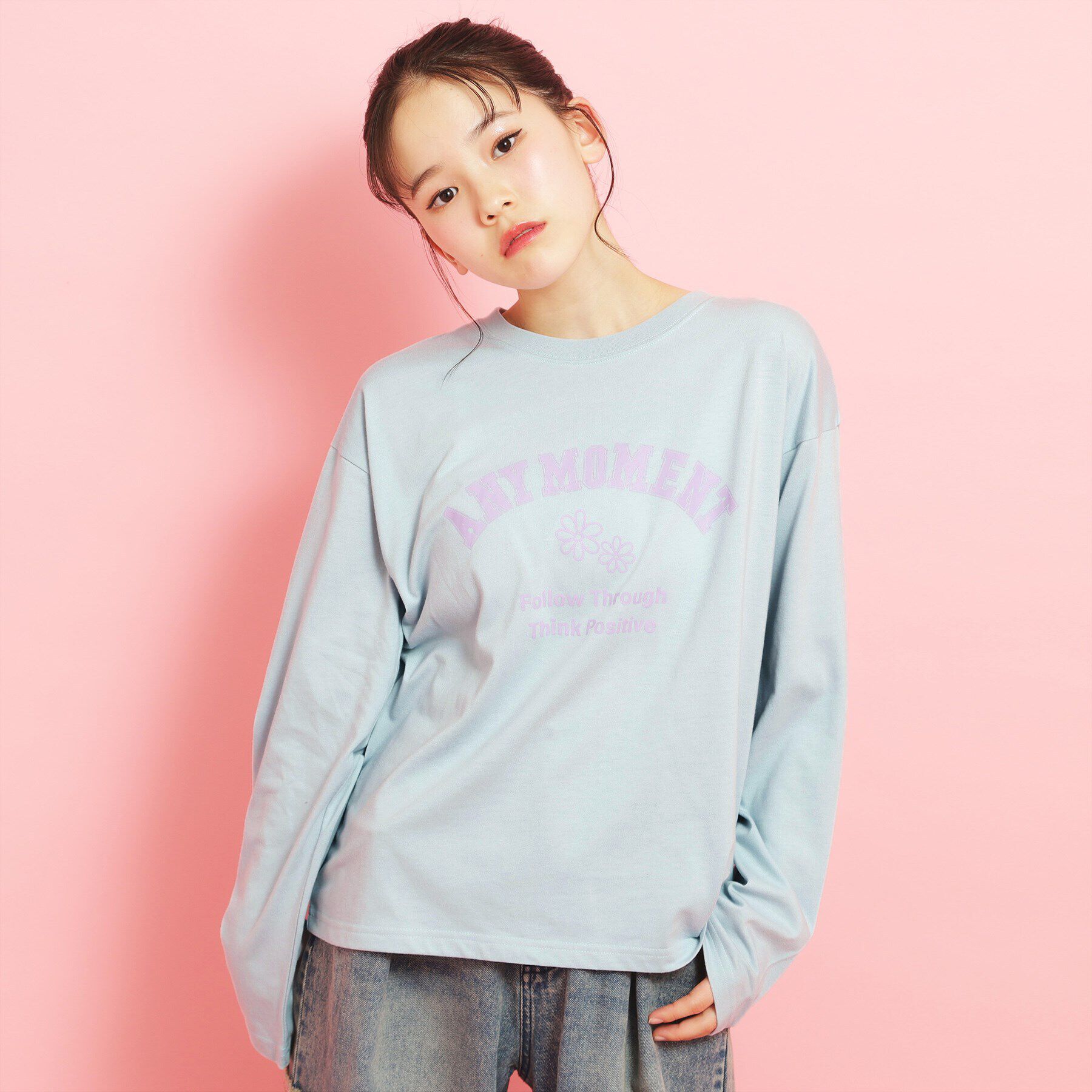 PINK-latte「カレッジフラワーロンT」|Tシャツ・カットソー|ブルー(091)