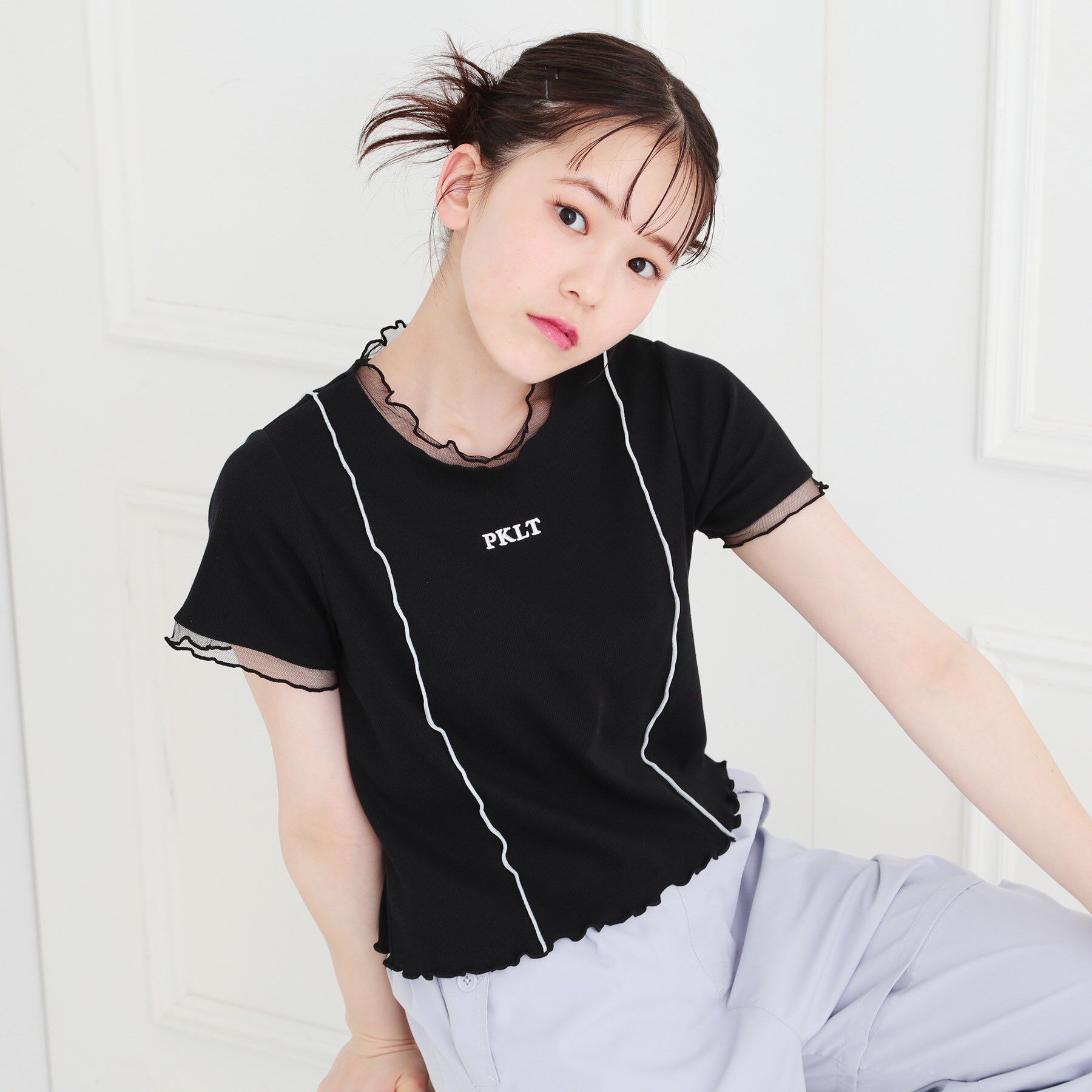 PINK-latte「シアーレイヤード風テレコトップス」|Tシャツ・カットソー|ブラック(019)