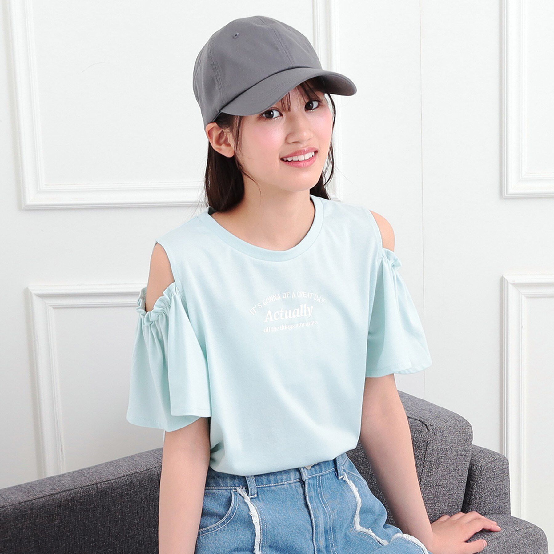 PINK-latte「肩あきフレアスリーブトップス」|Tシャツ・カットソー|ミントグリーン(02