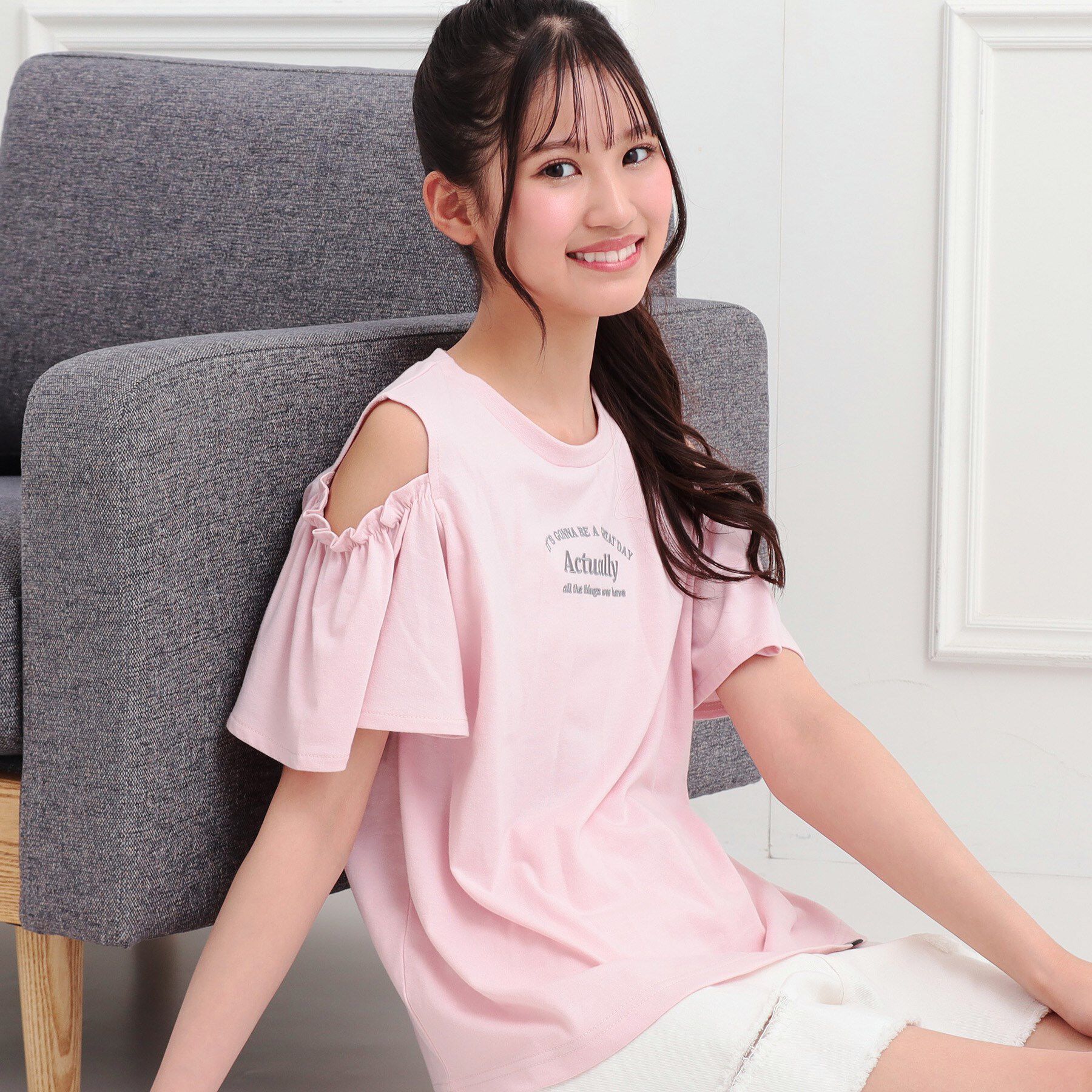 PINK-latte「肩あきフレアスリーブトップス」|Tシャツ・カットソー|ピンク(071)