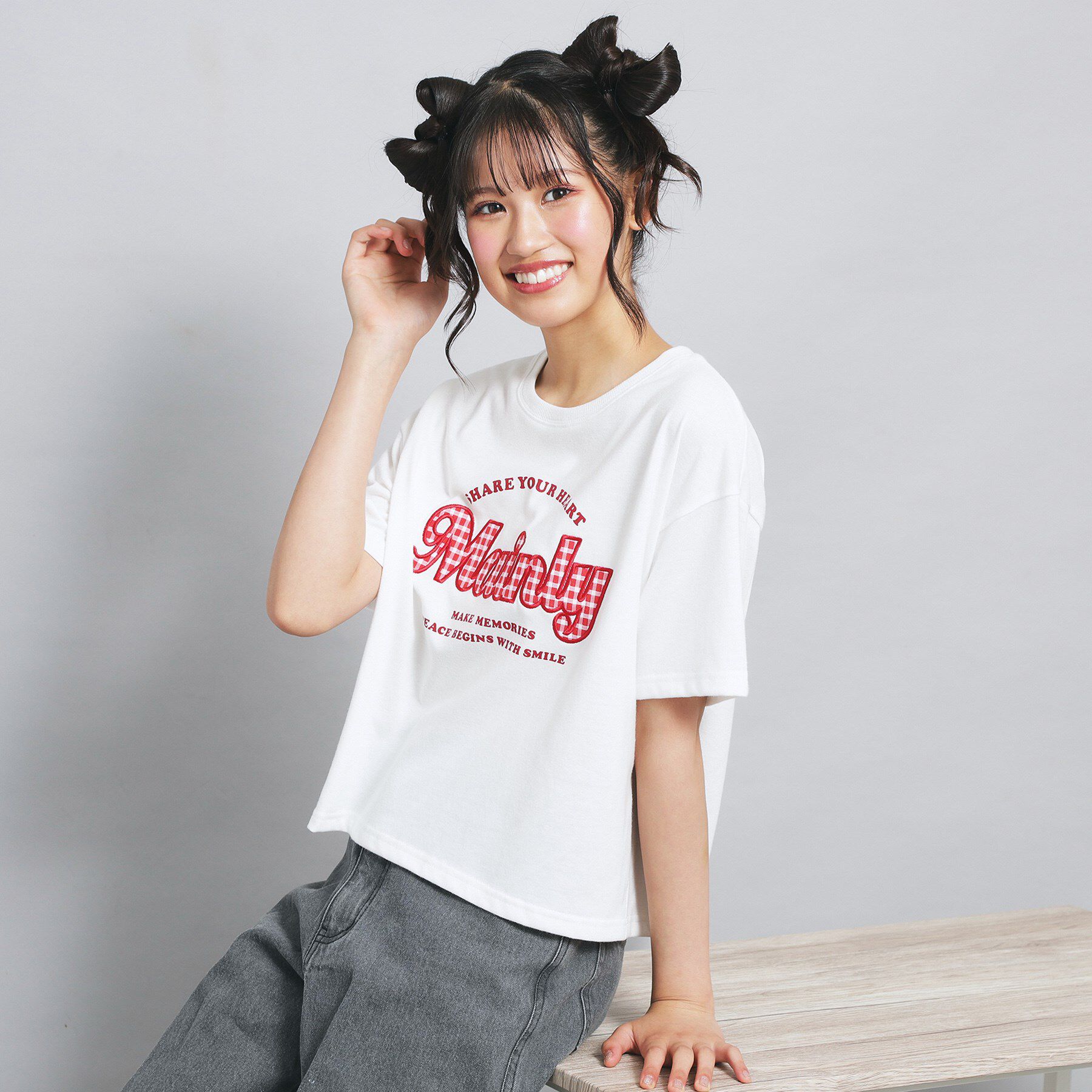 PINK-latte「ギンガムアップリケTシャツ」|Tシャツ・カットソー|オフホワイト(003