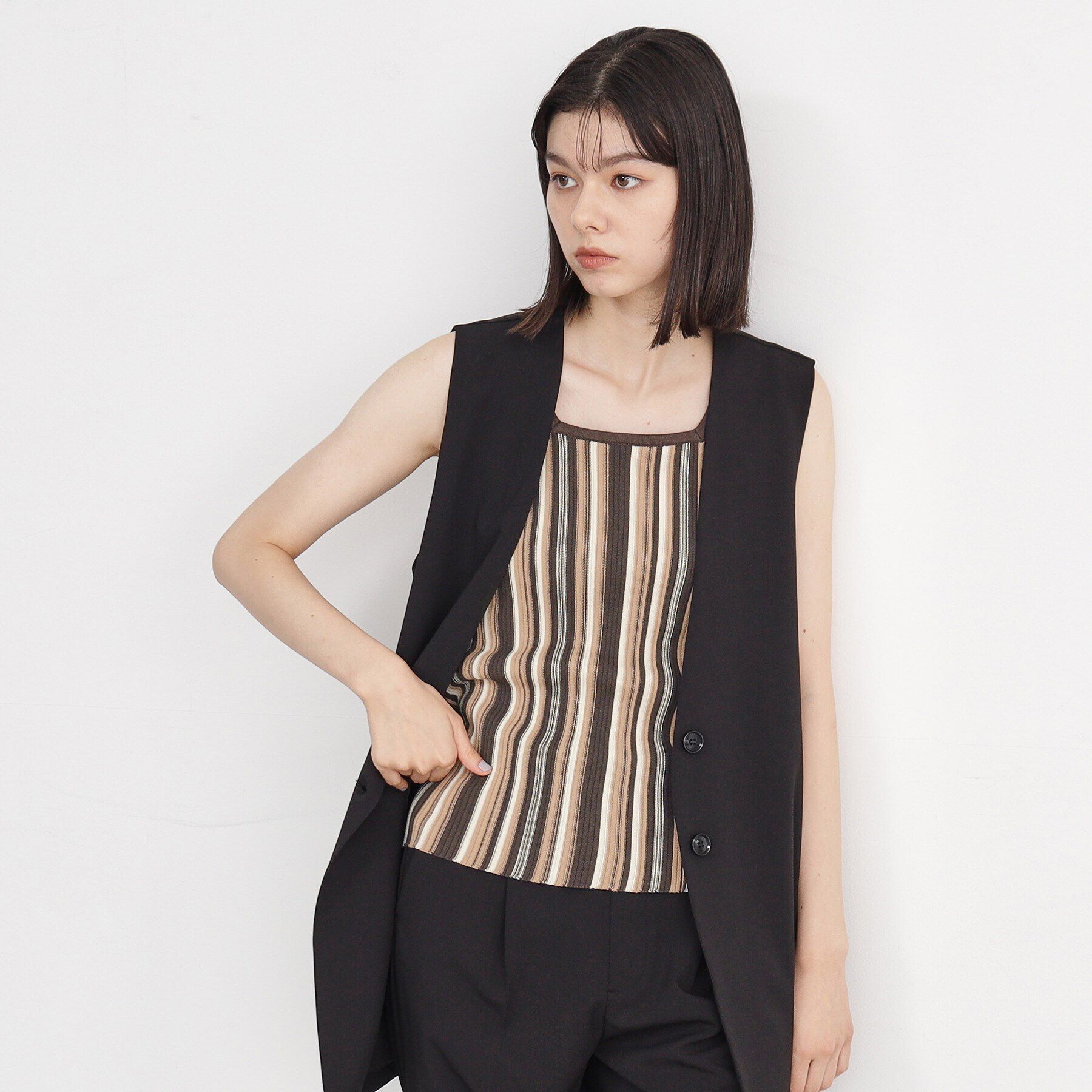 THE SHOP TK「【前後2WAY】ラメ＆ストライプリブタンク/洗える」|キャミソール|ブラウン(344)