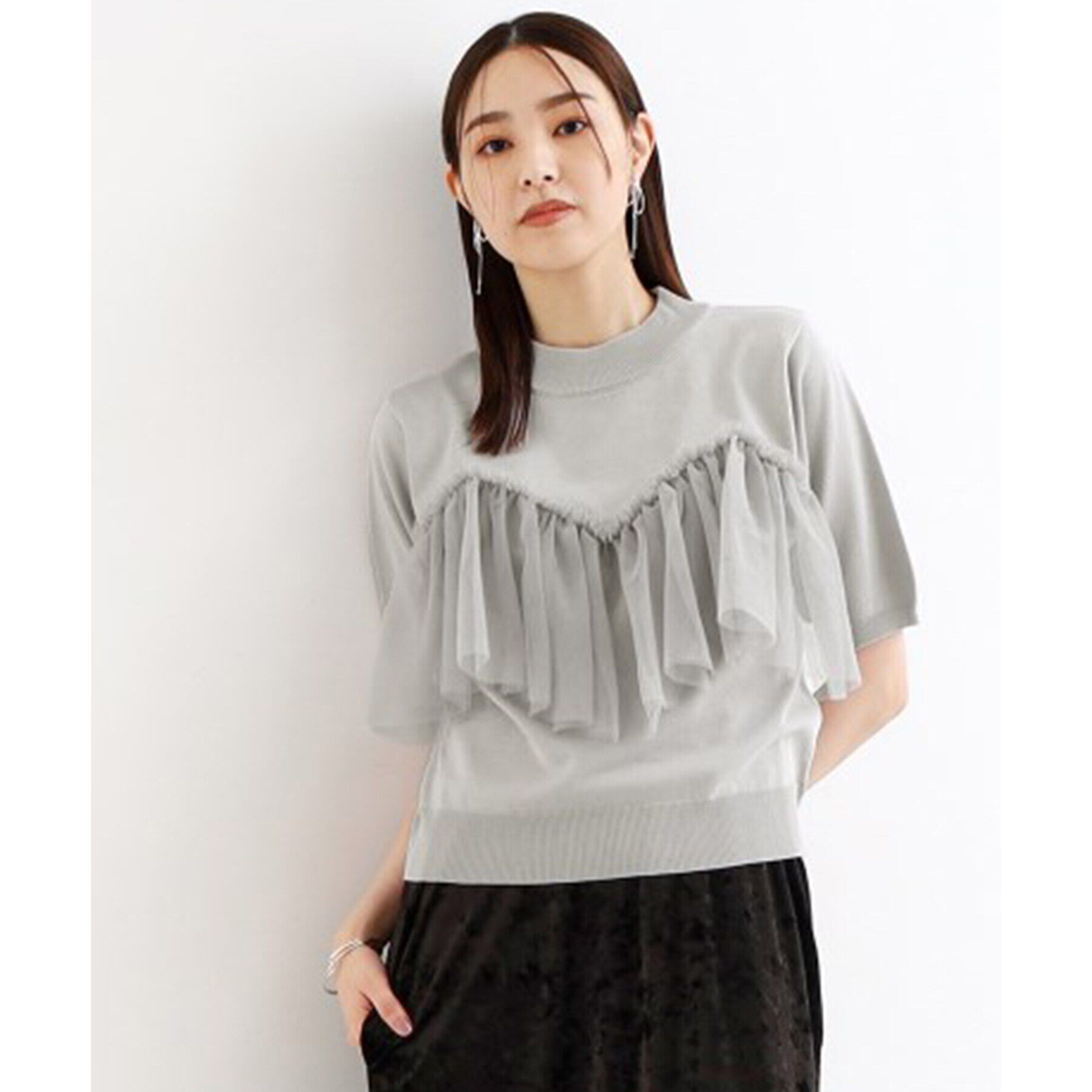 THE SHOP TK「【大人チュール使い】5分袖チュール切替ニット/洗える」|ニット・セーター|ライトグレー(011