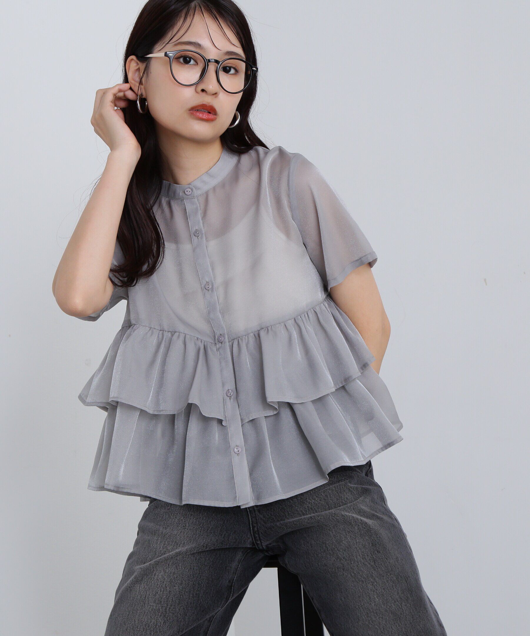  「シアーペプラムバンドカラーブラウス」|シャツ・ブラウス|グレー