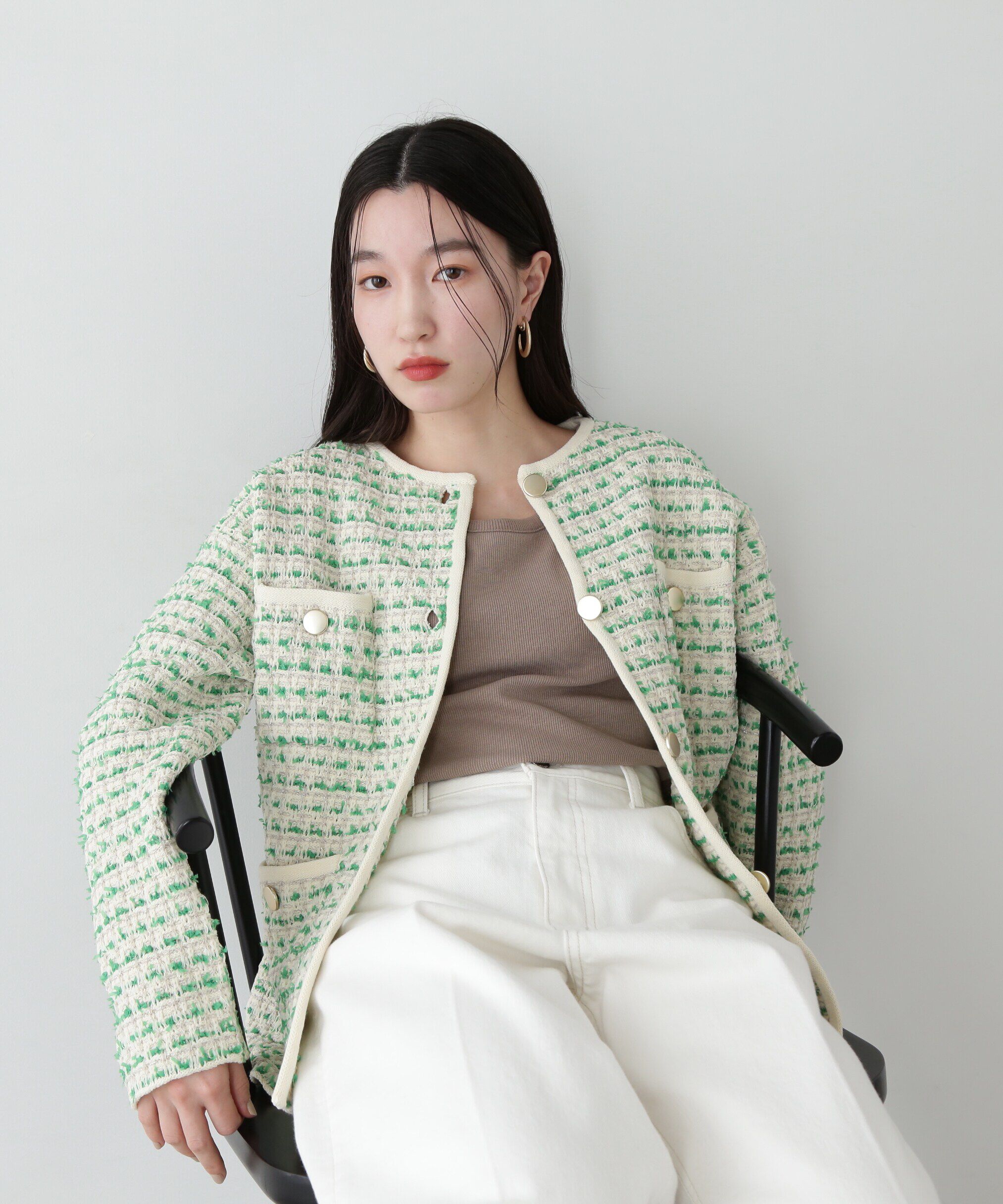  「ツイードライクロングニットブルゾン」|ニット・セーター|