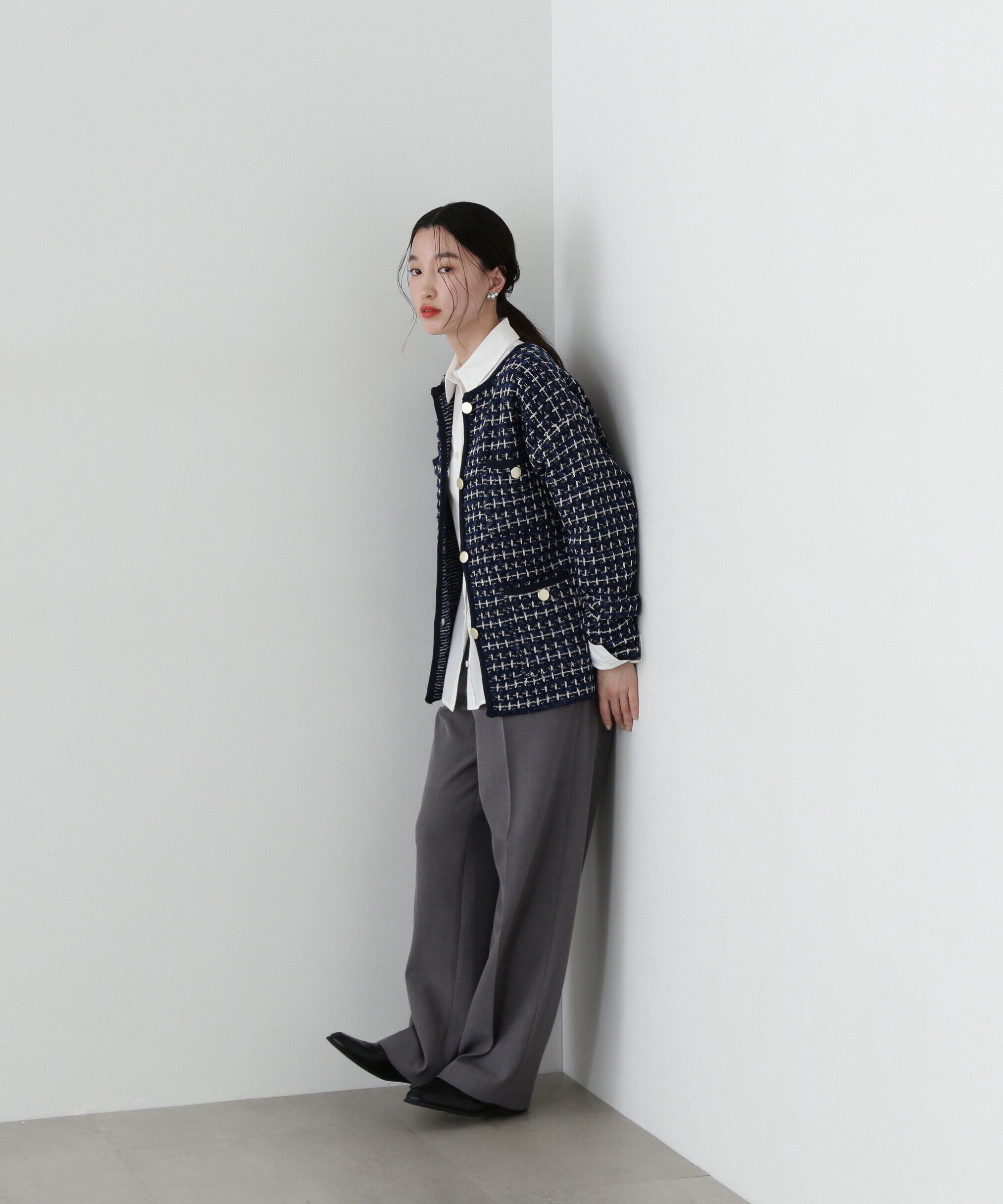  「ツイードライクロングニットブルゾン」|ニット・セーター|