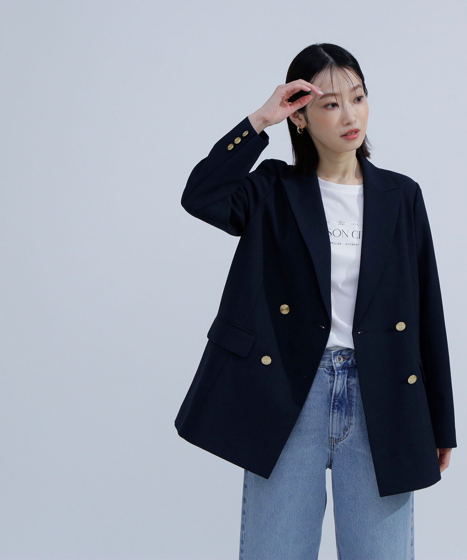  「リネンライクダブルブレストボクシージャケット」|ブルゾン・スタジャン|ネイビー