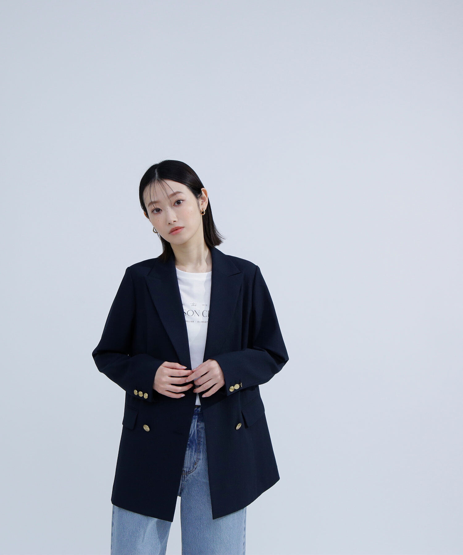  「リネンライクダブルブレストボクシージャケット」|ブルゾン・スタジャン|