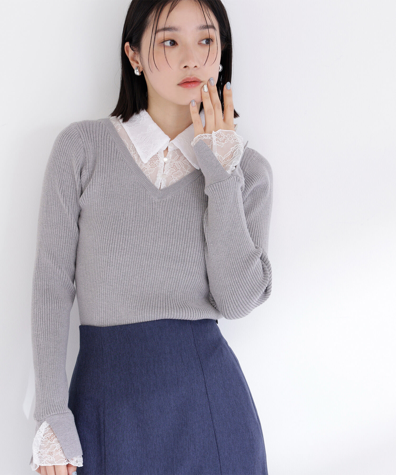  「レースカラードッキングニット」|ニット・セーター|ライトグレー2