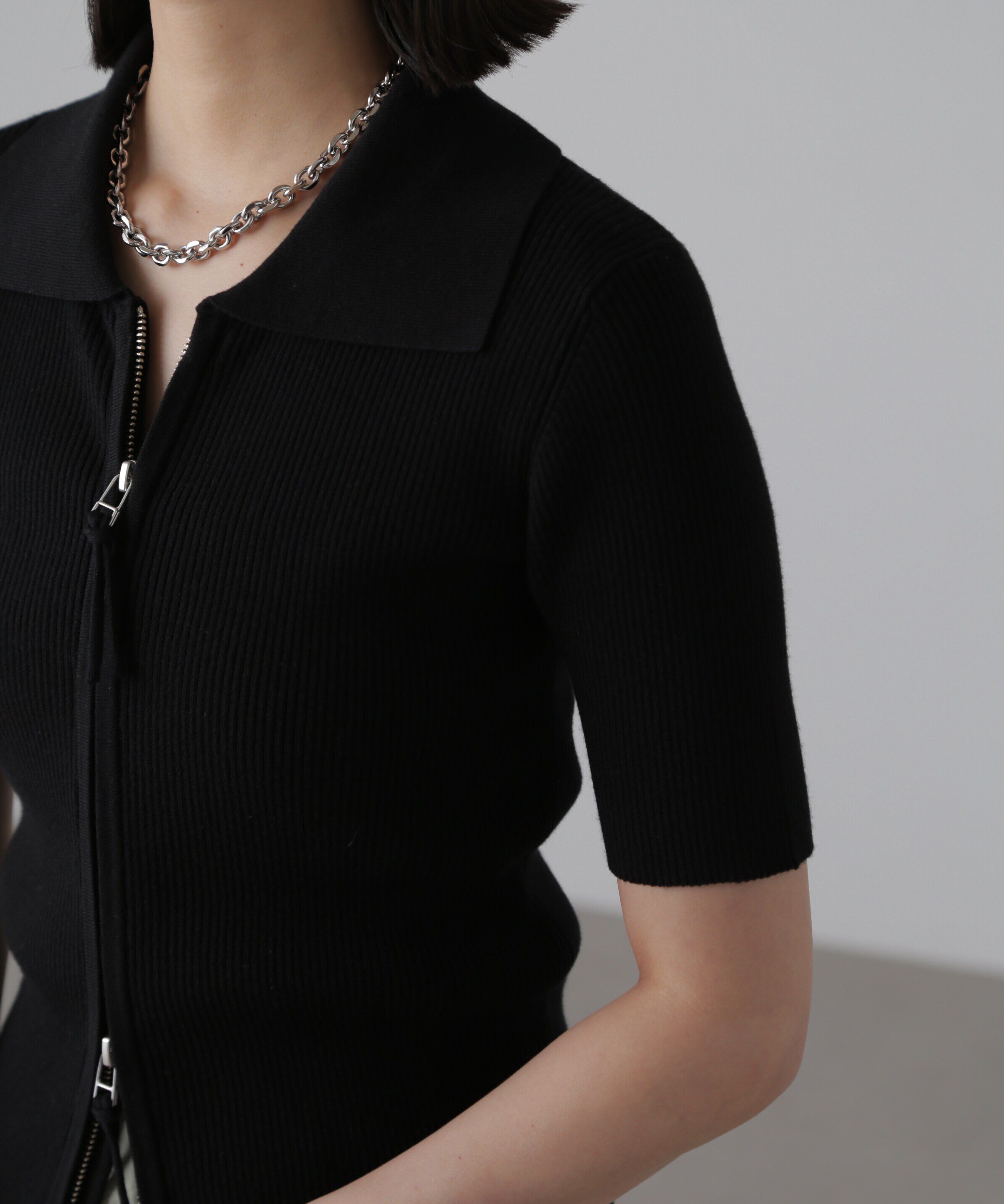  「ジップアップ半袖リブニット」|ニット・セーター|