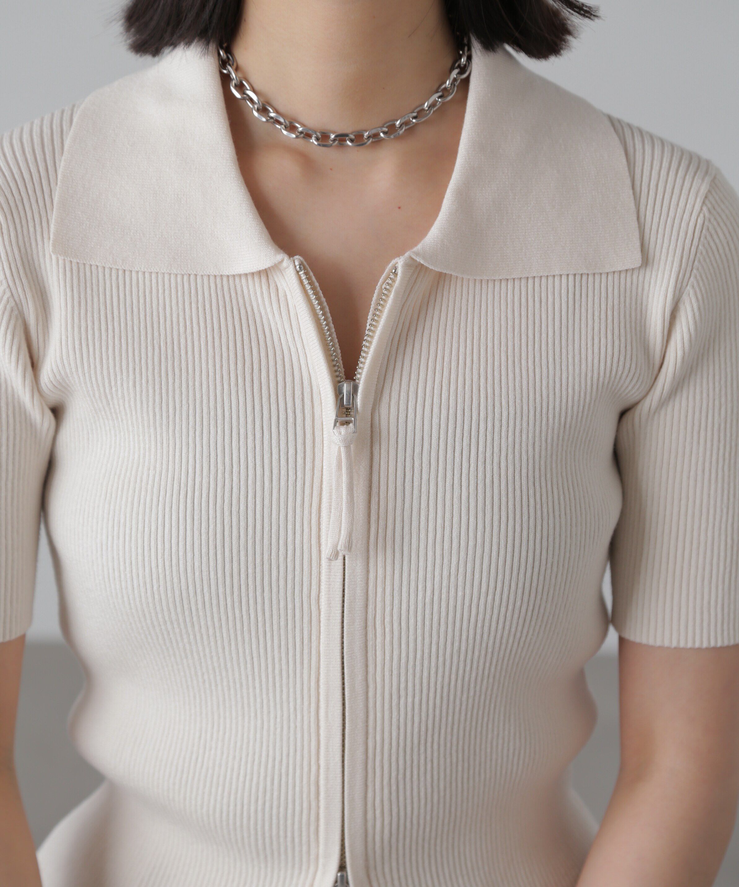 「ジップアップ半袖リブニット」|ニット・セーター|