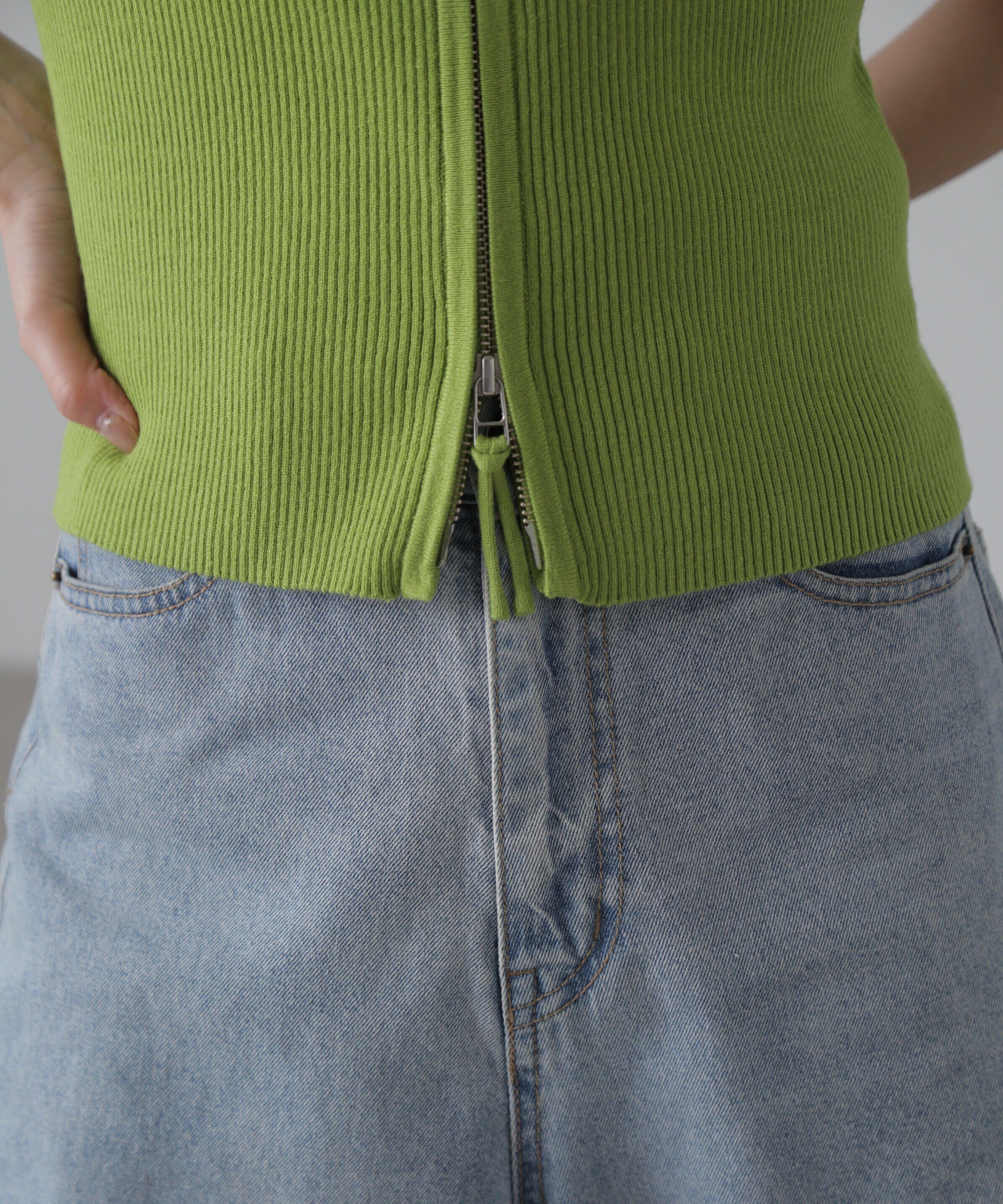  「ジップアップ半袖リブニット」|ニット・セーター|