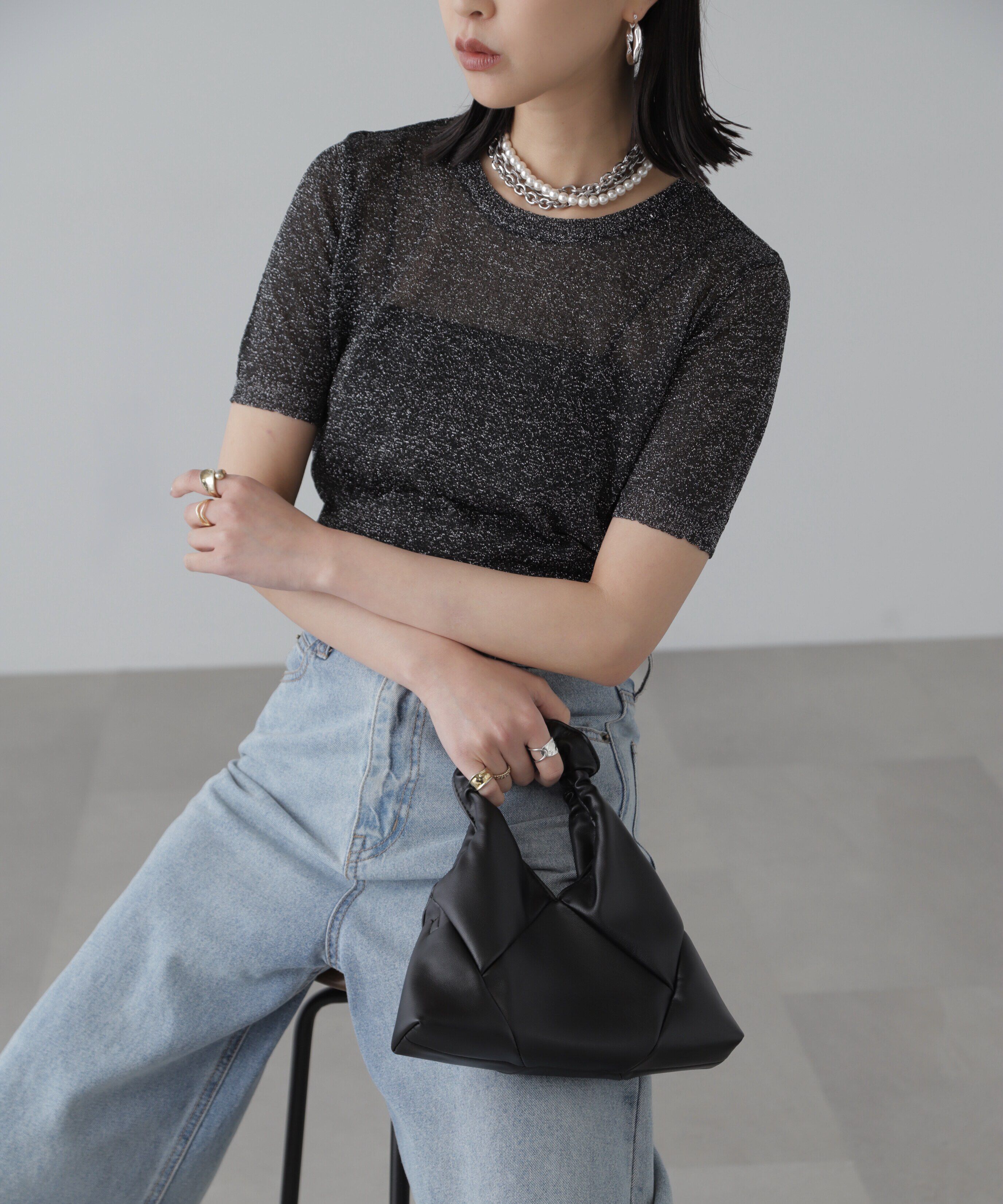  「コンパクトラメシアー半袖ニット」|ニット・セーター|