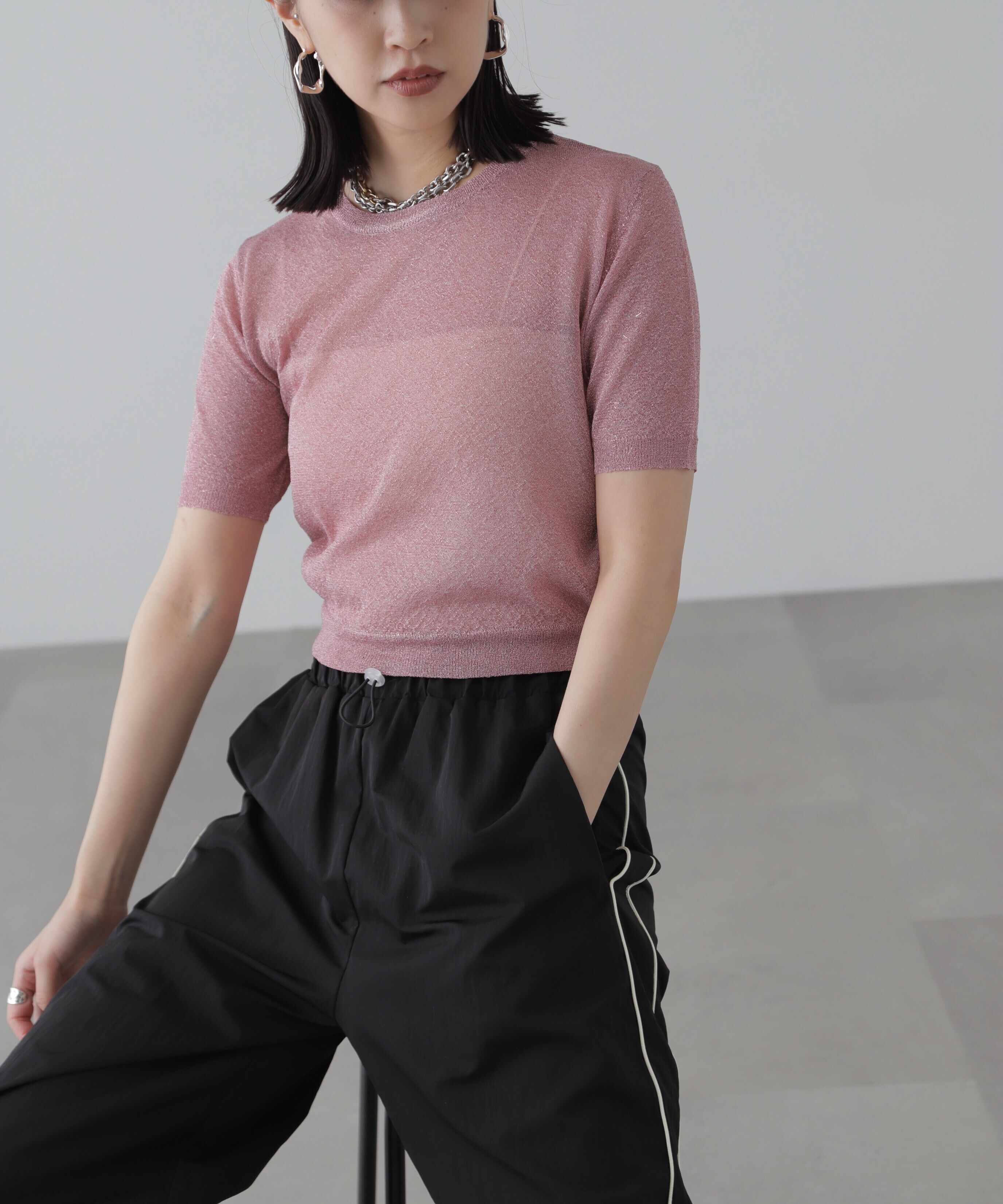  「コンパクトラメシアー半袖ニット」|ニット・セーター|