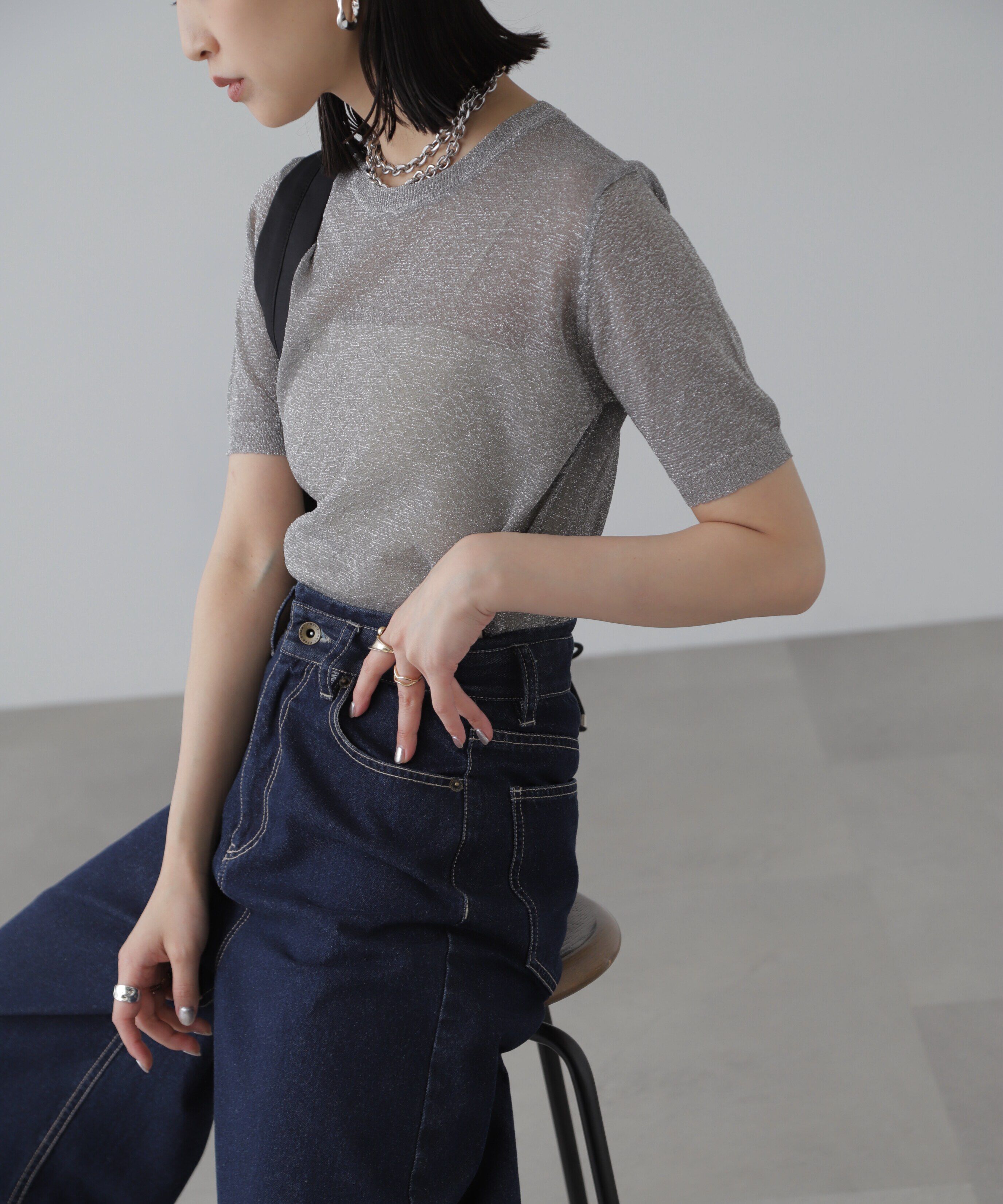  「コンパクトラメシアー半袖ニット」|ニット・セーター|