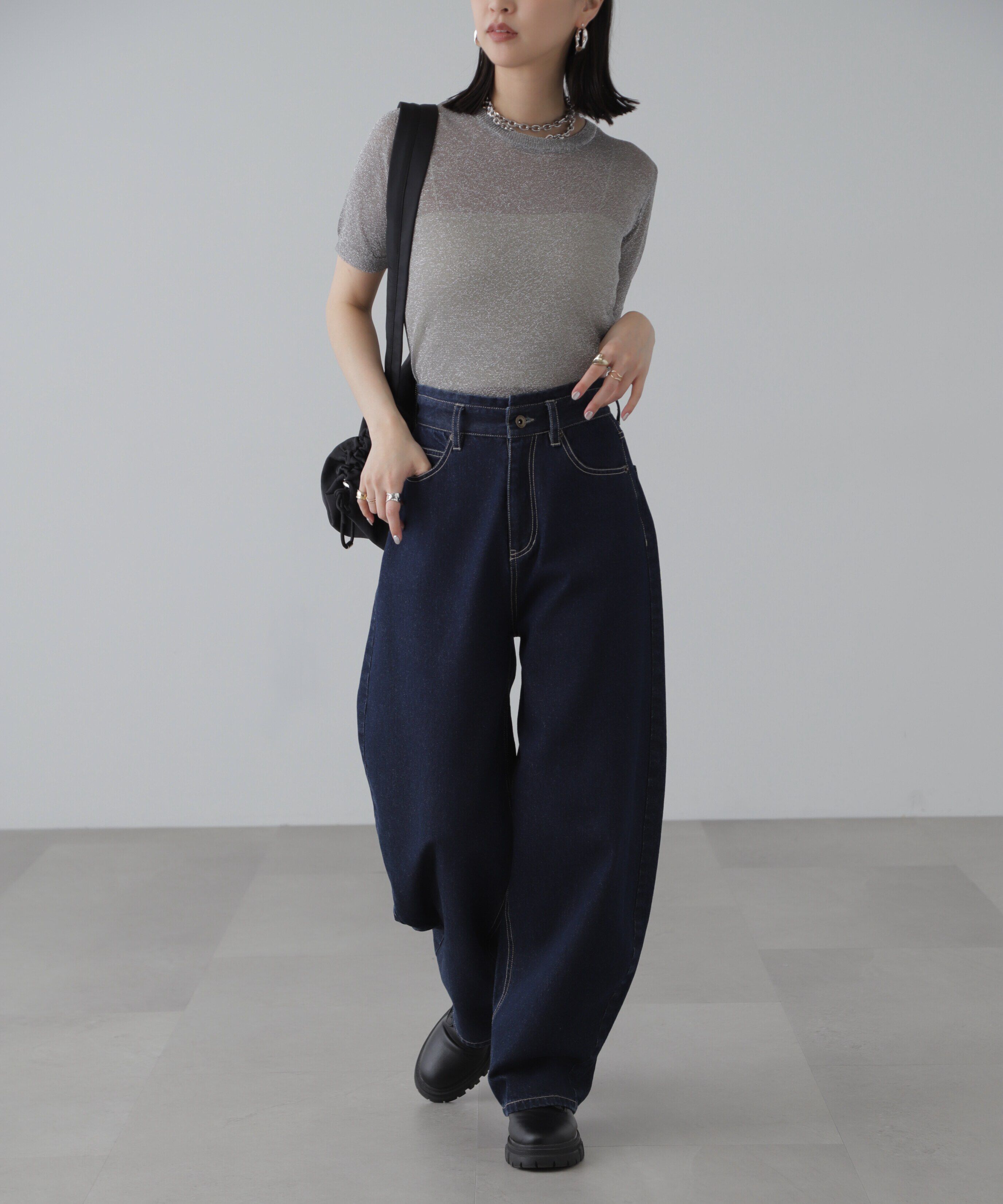  「コンパクトラメシアー半袖ニット」|ニット・セーター|