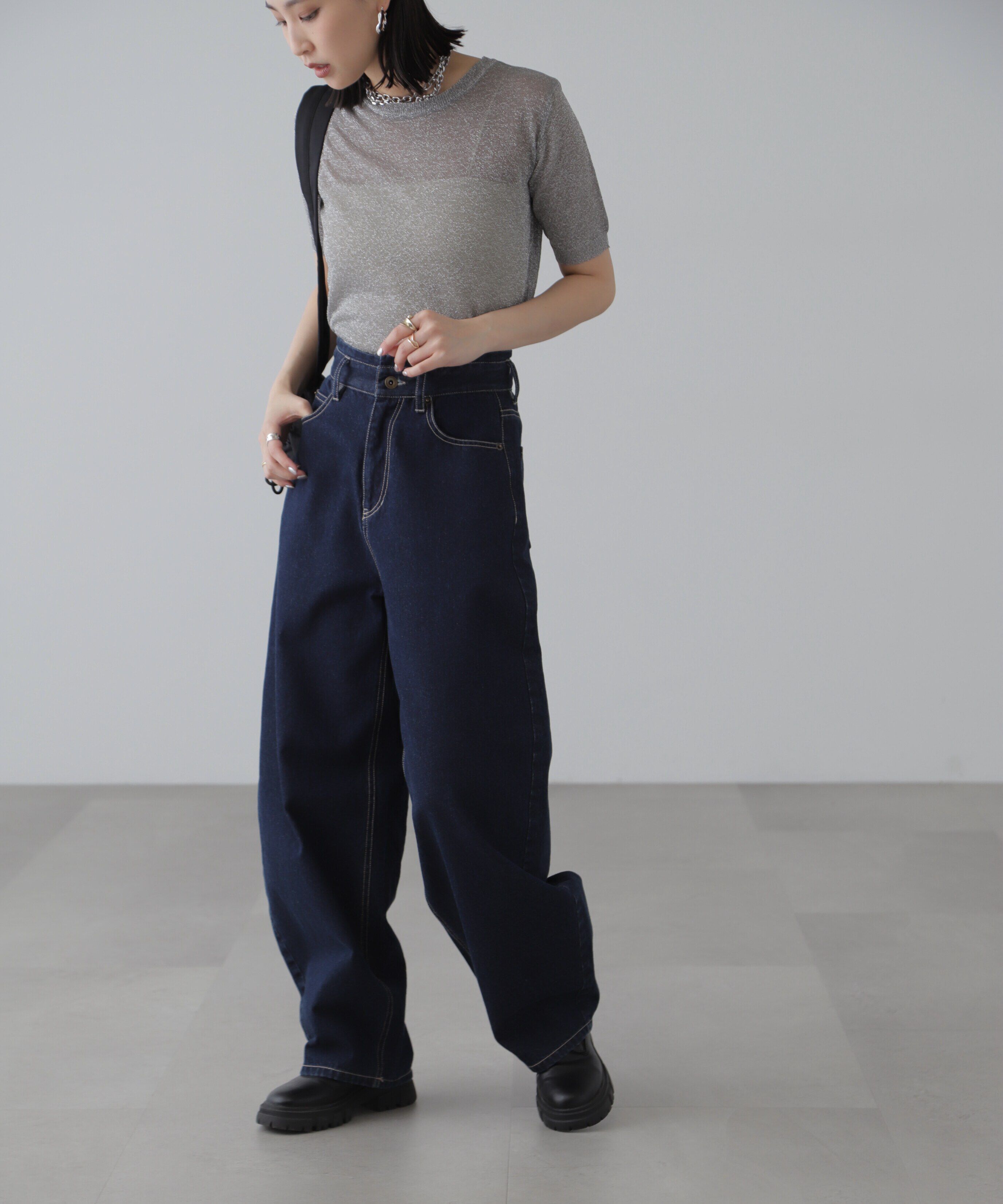  「コンパクトラメシアー半袖ニット」|ニット・セーター|