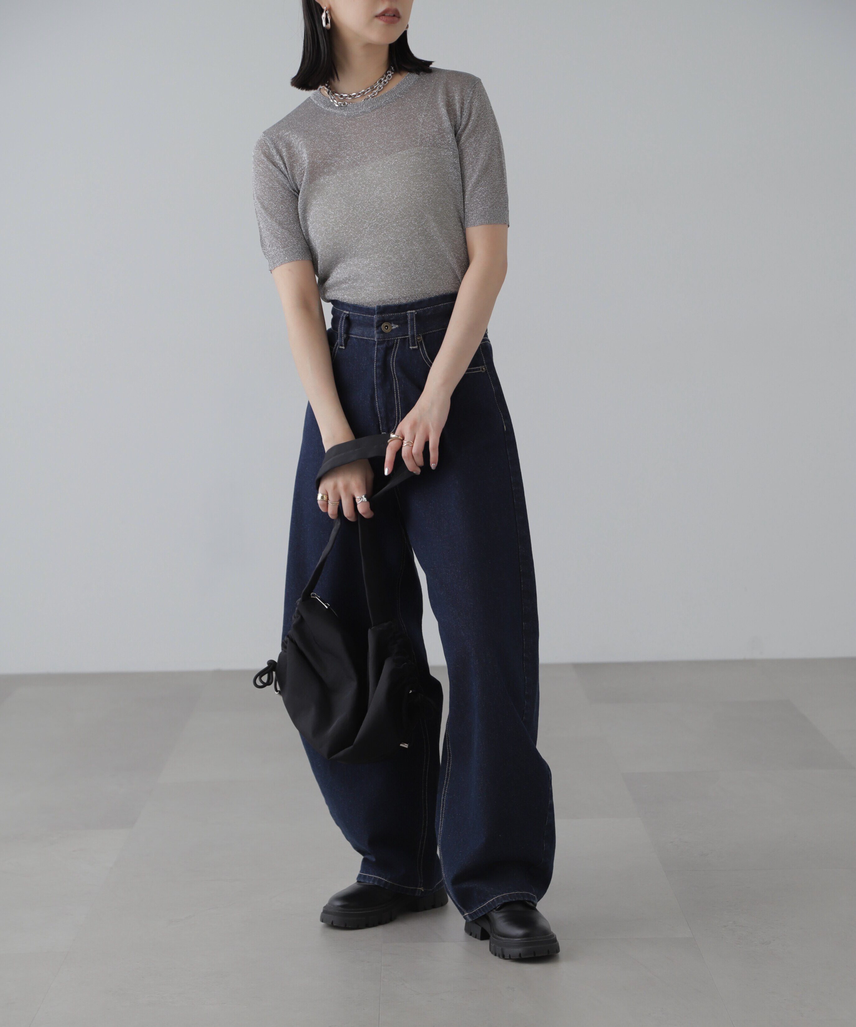  「コンパクトラメシアー半袖ニット」|ニット・セーター|