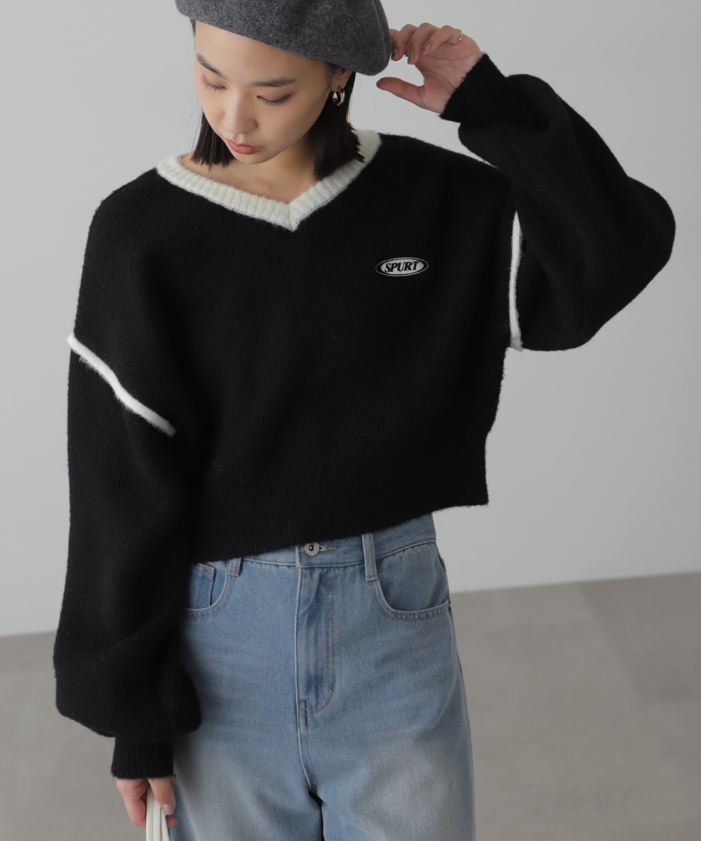  「Vネック配色ショート丈ニット」|ニット・セーター|