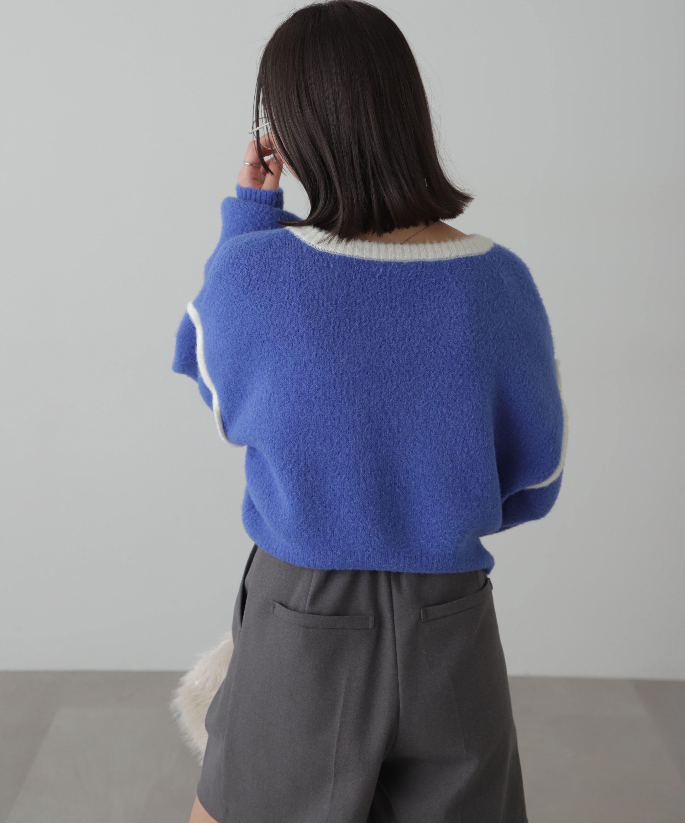  「Vネック配色ショート丈ニット」|ニット・セーター|