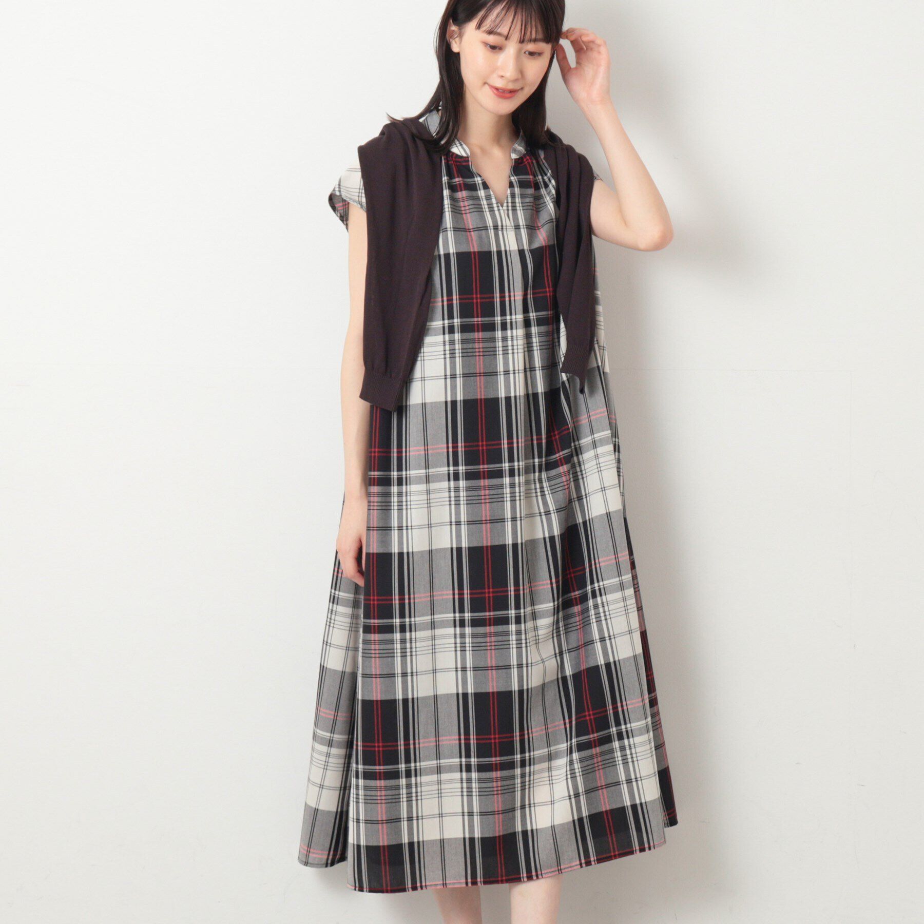 Dessin「【洗える】チェック柄フレンチスリーブワンピース」|ワンピース|
