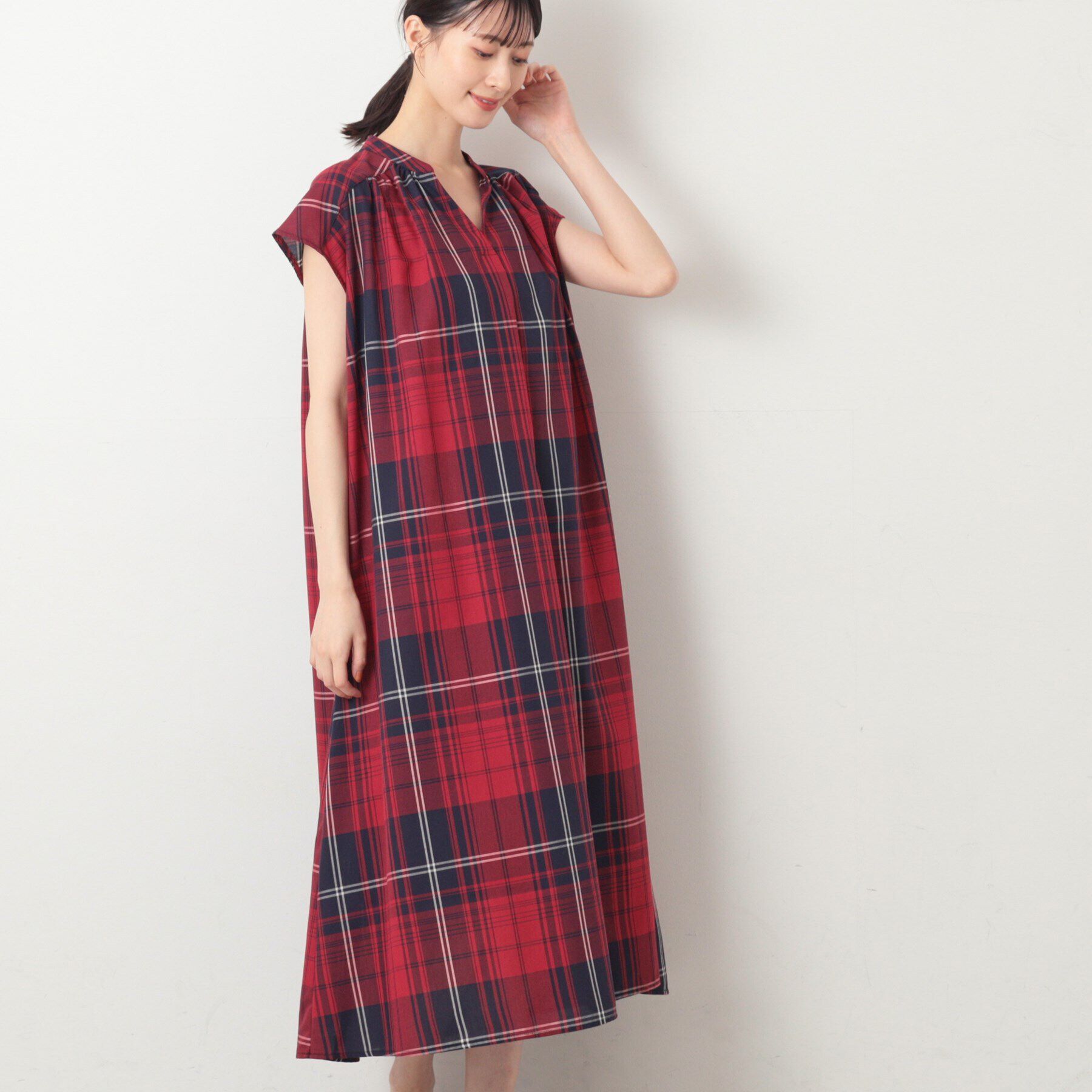 Dessin「【洗える】チェック柄フレンチスリーブワンピース」|ワンピース|