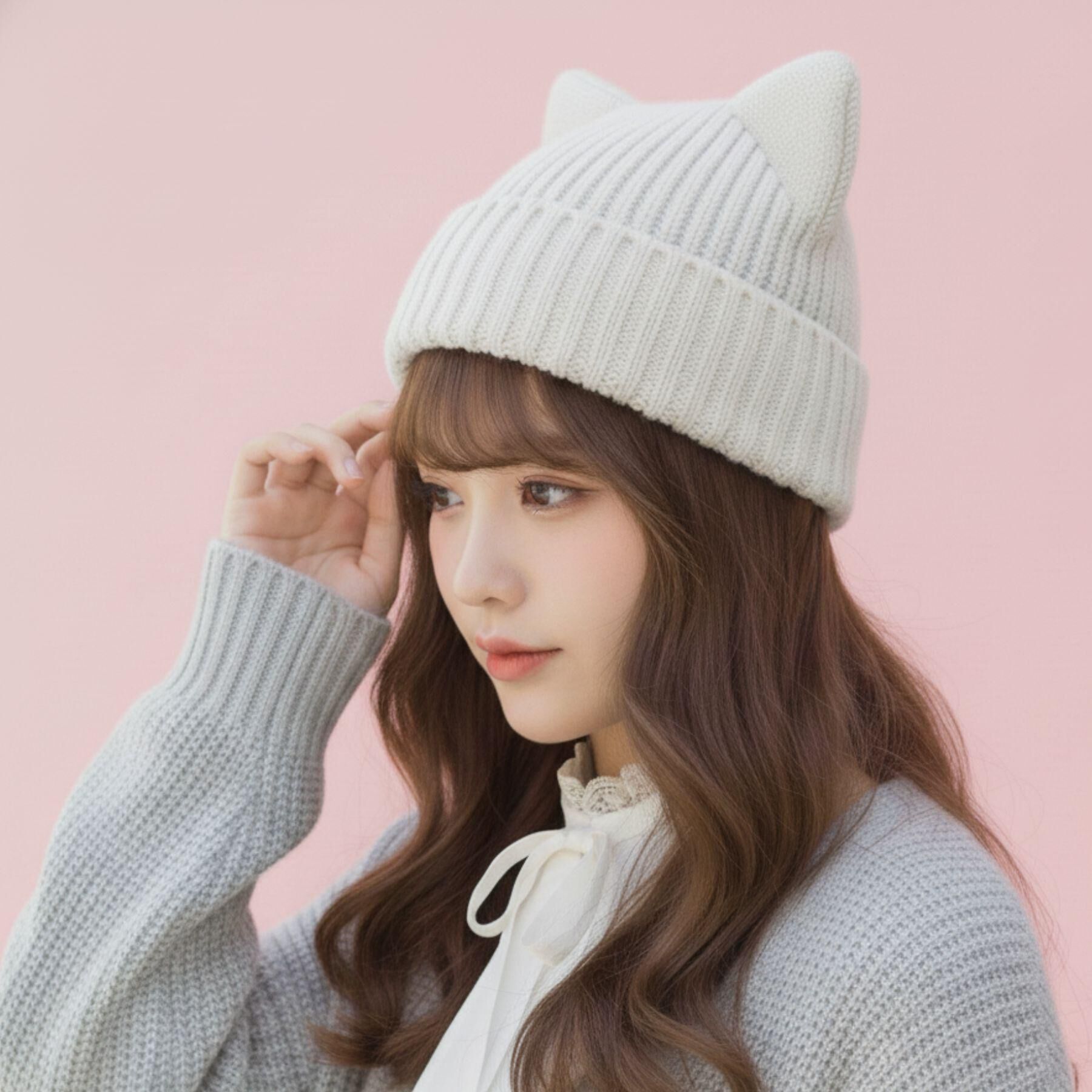 Grandedge「ネコミミIVニット帽」|ニット帽|ホワイト(001)