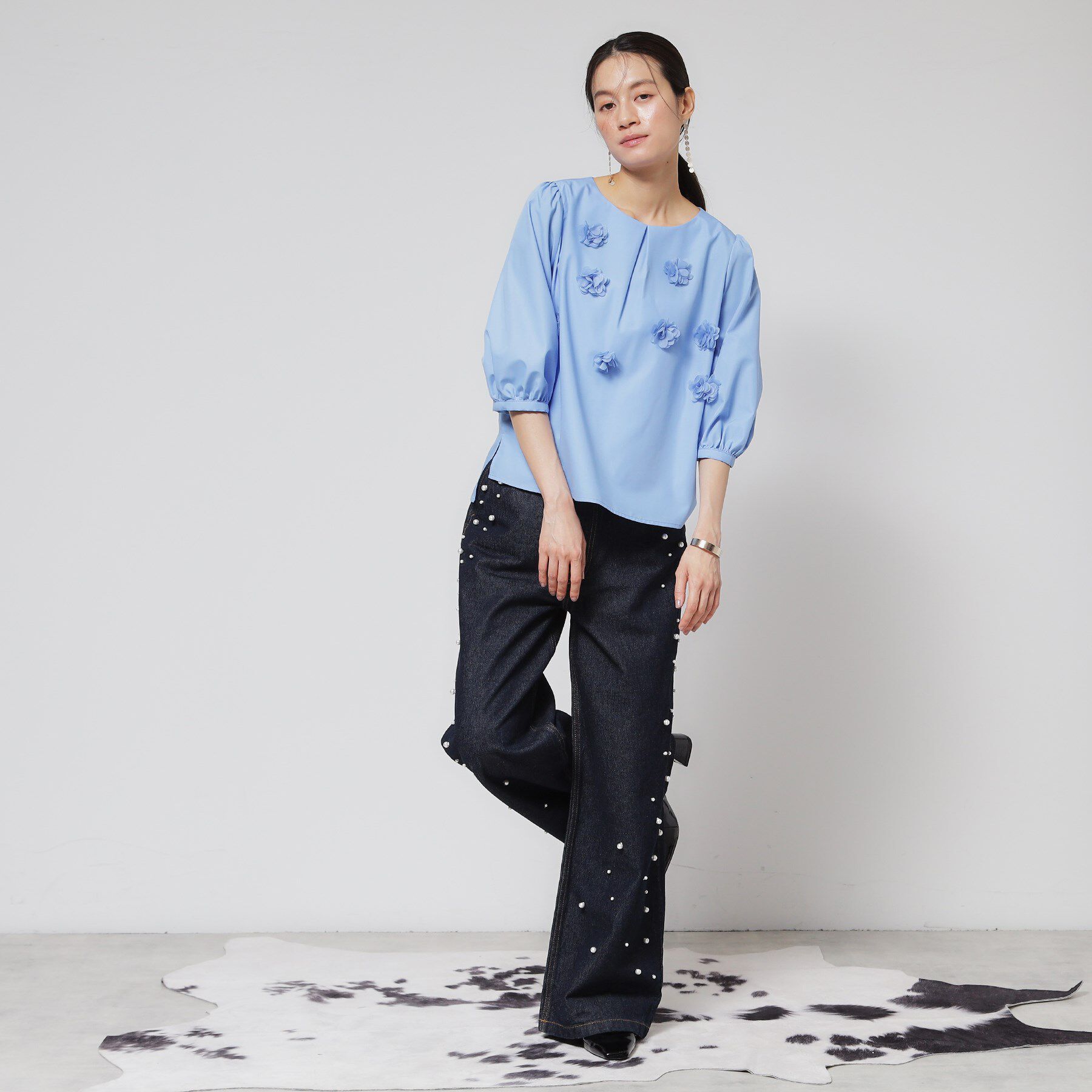 SunaUna「【接触冷感／フラワーモチーフ】パフスリーブブラウス」|シャツ・ブラウス|