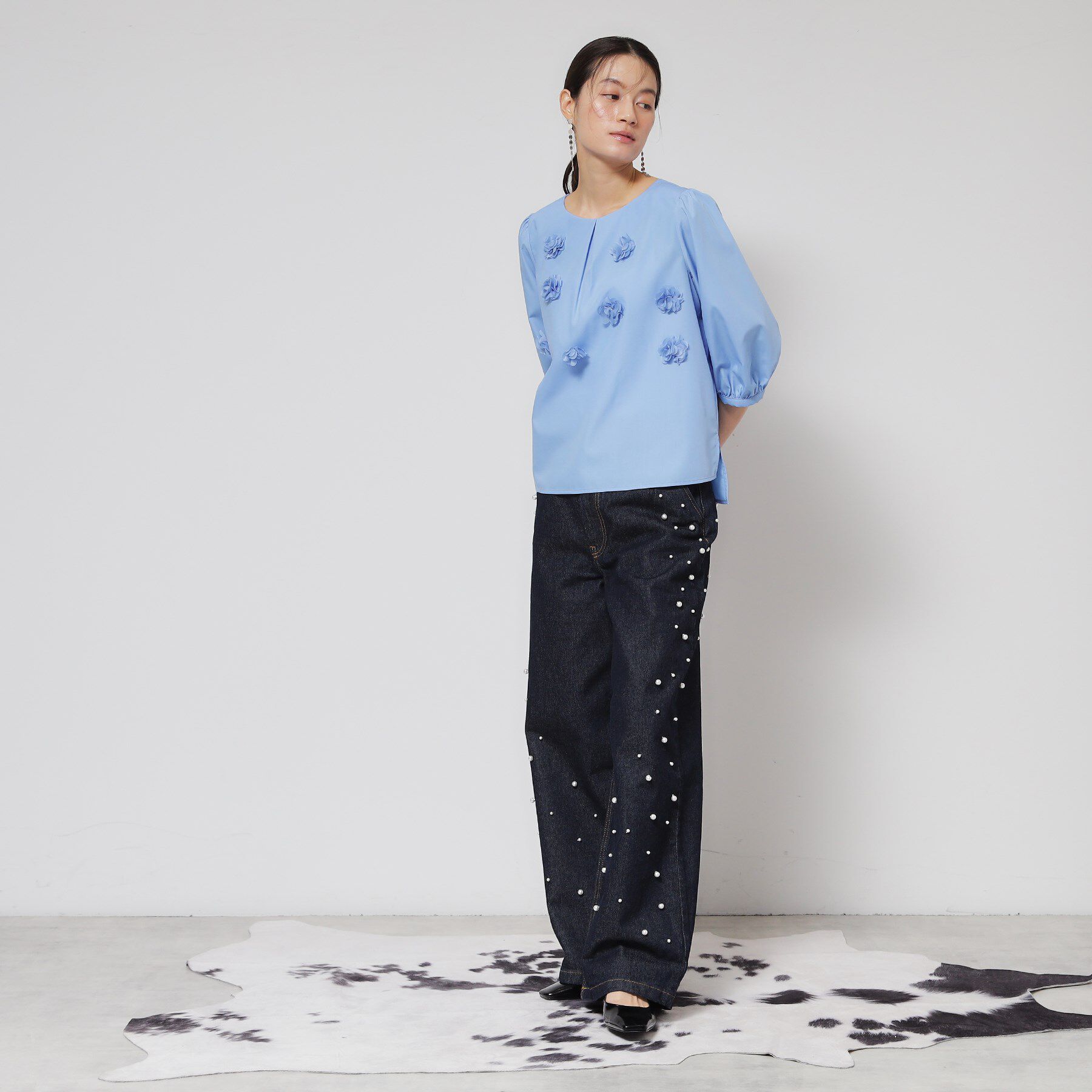 SunaUna「【接触冷感／フラワーモチーフ】パフスリーブブラウス」|シャツ・ブラウス|